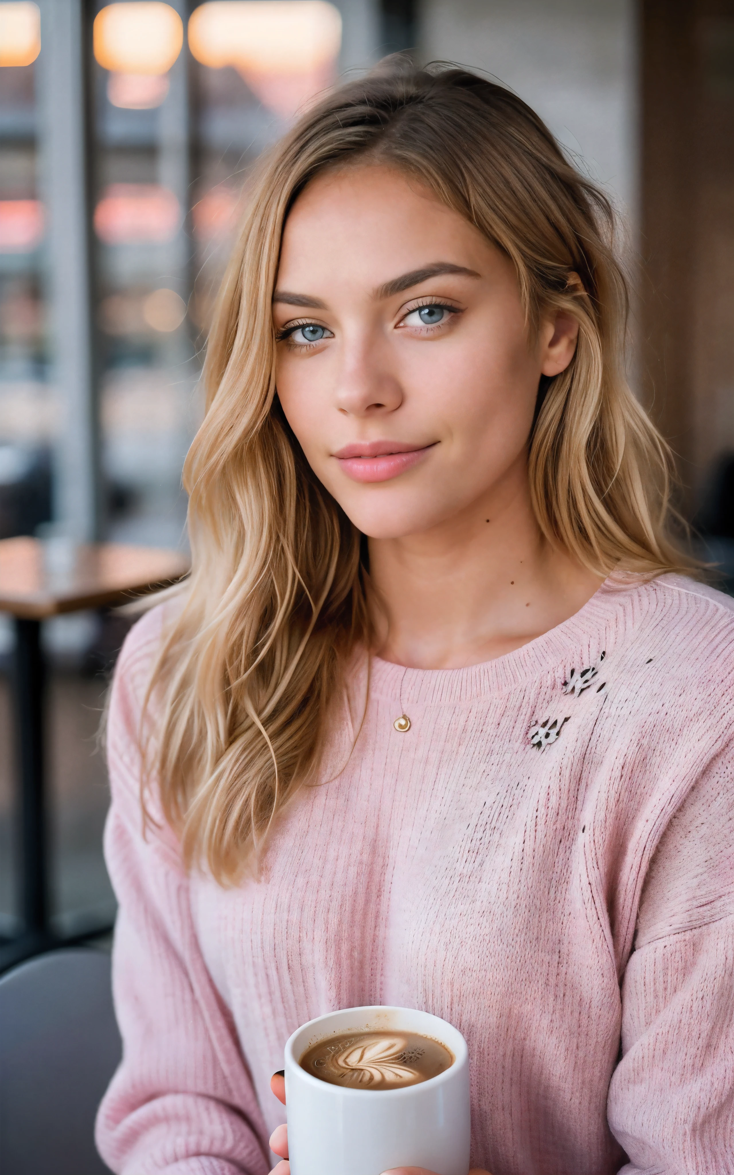 beautiful blonde wearing pink sweater (sipping coffee inside a modern café at sunset), very detailed, 21 years old, innocent face, natural wavy hair, blue eyes, high resolution, masterpiece, best quality, intricate details, highly detailed, sharp focus, detailed skin, realistic skin texture, texture, detailed eyes, professional, 4k, charming smile, shot on Canon, 85mm, shallow depth of field, kodak vision color, perfect fit body, extremely detailed, foto_\(ultra\), photorealistic, realistic, post-processing, maximum detail, roughness, real life, ultra realistic, photorealism, photography, 8k uhd, photography