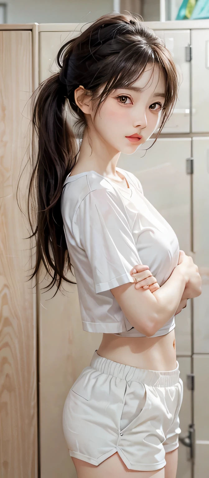 blue eyes,Highest quality,High resolution,unity 8k wallpaper,(shape:0.8),(Beautiful and exquisite:1.6),Detailed face,Perfect lighting,Detailed CG,(Perfect hands, Perfect Anatomy),Female student,White shirt,(White panties:1.0),Black Hair、Twin tails、Cut off,Shirt Tag Pose