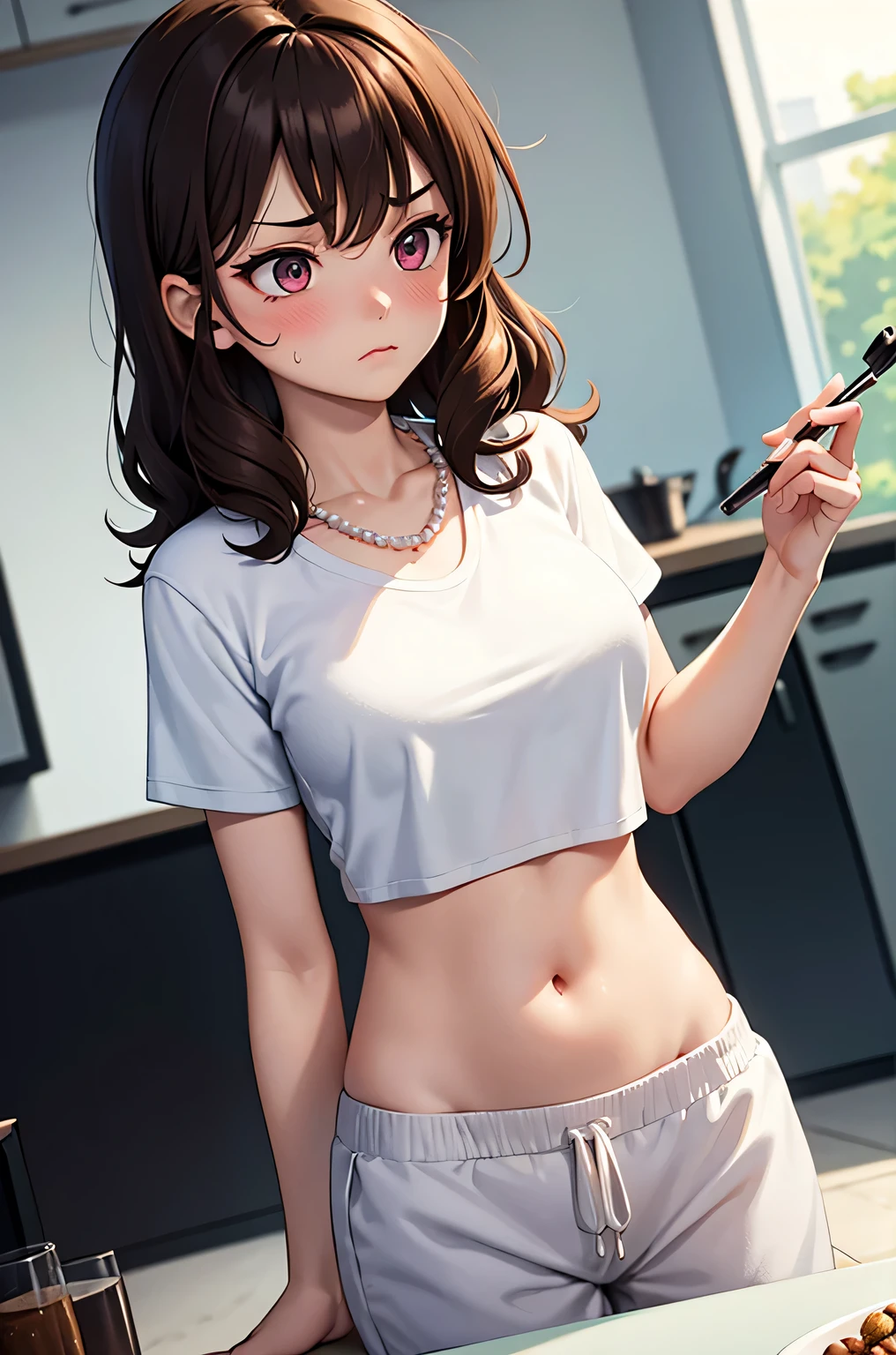 super fine illustration, vibrant colors, masterpiece, sharp focus, best quality, depth of field, cinematic lighting, ultra detailed, cropped t shirt, short sleeves, MILF, 1 woman, solo, navel, kitchen, looking down, medium breasts, curly hair, long hair, sweatpants, pearl necklace, makeup, dark brown hair, blushing, annoyed,