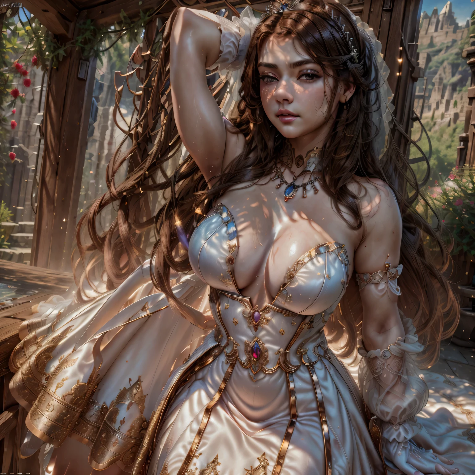 high level of detail, best quality, masterpiece, 1girl, garnet-smf, jewelry, solo, necklace, dress, long hair, tiara, breasts, brown eyes, gloves, brown hair, elbow gloves, cleavage, bare shoulders, medium breasts, white dress, strapless, wedding dress, white gloves, lips, strapless dress, princess ,lips, black hair, skin tight, cowboy shot, collarbone, low-tied long hair, outdoors, castle, clouds, garnet from final fantasy 9, (masterpiece, best quality:1.2),(8k,highres,RAW photo,realistic,photo-realistic:1.3),(detailed skin texture,detailed cloth texture,beautiful detailed face:1.25),professional lighting,photon mapping,beautiful soft light,radiosity,physically-based rendering,model shoot style, model shoot style, (extremely detailed CG unity 8k wallpaper), full shot body photo of the most beautiful artwork in the world, complex 3d render ultra detailed, looking at viewer, 18 yo, wet hair, real human skin, vibrant details, hyperrealistic, beautiful, octane render, 8k, best quality, masterpiece, an extremely delicate and beautiful, extremely detailed ,CG ,unity ,wallpaper, (realistic, photo-realistic:1.37),Amazing, finely detail, masterpiece,best quality,official art, extremely detailed CG unity 8k wallpaper ,extreme detailed eyes, (perfect face), shiny skin, colorful, highest detailed, vibrant colors, ultra high res, (high contrast), intricate, lens flare,