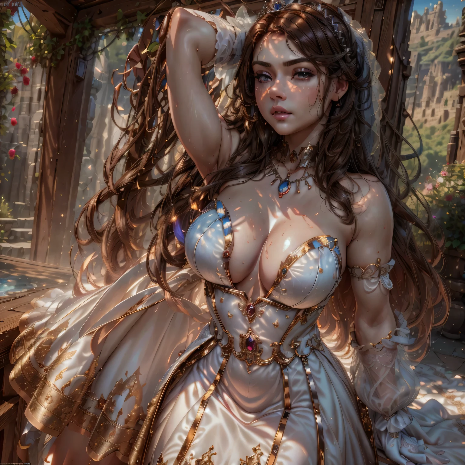 high level of detail, best quality, masterpiece, 1girl, garnet-smf, jewelry, solo, necklace, dress, long hair, tiara, breasts, brown eyes, gloves, brown hair, elbow gloves, cleavage, bare shoulders, medium breasts, white dress, strapless, wedding dress, white gloves, lips, strapless dress, princess ,lips, black hair, skin tight, cowboy shot, collarbone, low-tied long hair, outdoors, castle, clouds, garnet from final fantasy 9, (masterpiece, best quality:1.2),(8k,highres,RAW photo,realistic,photo-realistic:1.3),(detailed skin texture,detailed cloth texture,beautiful detailed face:1.25),professional lighting,photon mapping,beautiful soft light,radiosity,physically-based rendering,model shoot style, model shoot style, (extremely detailed CG unity 8k wallpaper), full shot body photo of the most beautiful artwork in the world, complex 3d render ultra detailed, looking at viewer, 18 yo, wet hair, real human skin, vibrant details, hyperrealistic, beautiful, octane render, 8k, best quality, masterpiece, an extremely delicate and beautiful, extremely detailed ,CG ,unity ,wallpaper, (realistic, photo-realistic:1.37),Amazing, finely detail, masterpiece,best quality,official art, extremely detailed CG unity 8k wallpaper ,extreme detailed eyes, (perfect face), shiny skin, colorful, highest detailed, vibrant colors, ultra high res, (high contrast), intricate, lens flare,