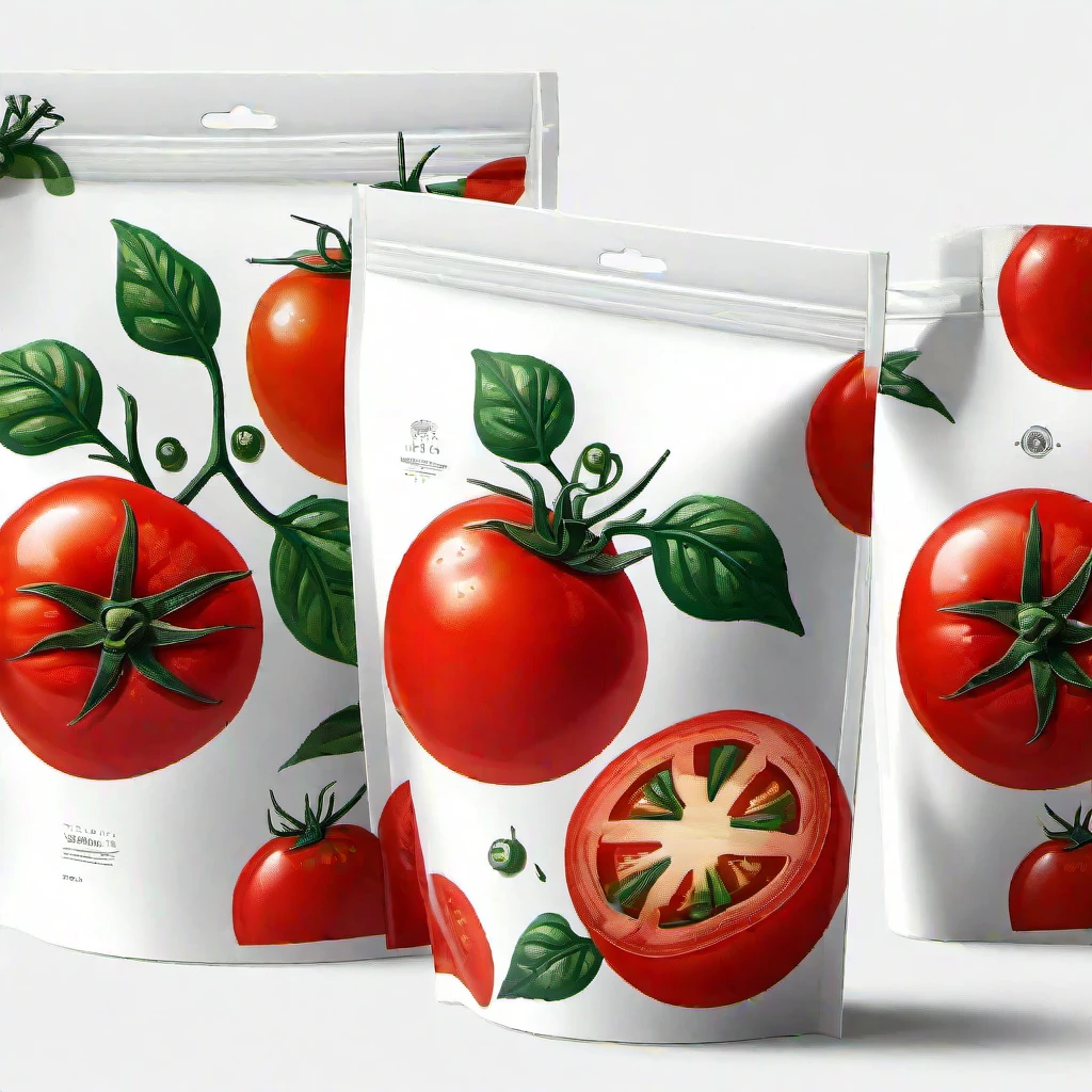 Modern packaging design, 1 tomato product packaging bag, simple white background, minimalist style, glossy plastic packaging bags