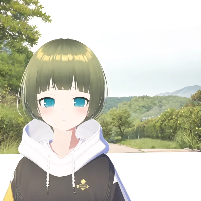 (masterpiece, best quality:1.2), 1girl, solo,一人の少女、前髪パッツン、金髪、髪型ショートマッシュ、ショートマッシュヘア、白いパーカー、黒い半ズボン、黒いスニーカー、靴下無し、超A high resolution, 最高の美学, 最高品質, 