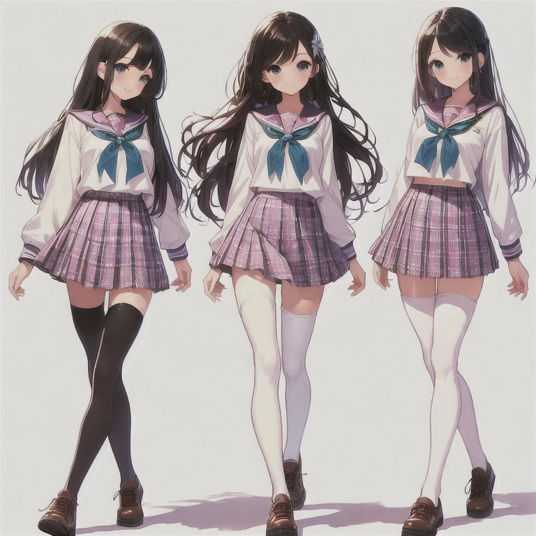 ((full body)),(masterpiece, best quality), (3 girls1.5) ,((Contrapposto:1.5)), looking at viewer, walking,((v_arms:1.2)), ((white full-length tights:1.3)), wearing High_school_Uniform 1.3), ribon, plaid skirt, BREAK masterpiece black hair, ((long hair:1.2)), ((parted bangs:1.3)), black eyes, good hand, ((small breasts)), (over 20 years old, under 25 years old:1.2), , spotlight, happy, smile, BREAK in the class room