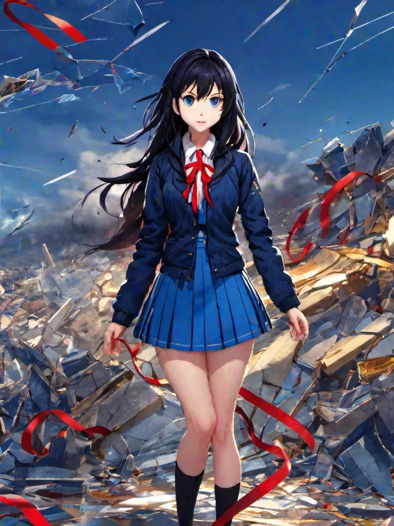 (masterpiece, best quality:1.2), black hair, girl, blue jacket, blue eyes, grey skirt, red ribbon around the neck, full height, Full-length girl, dynamic pose