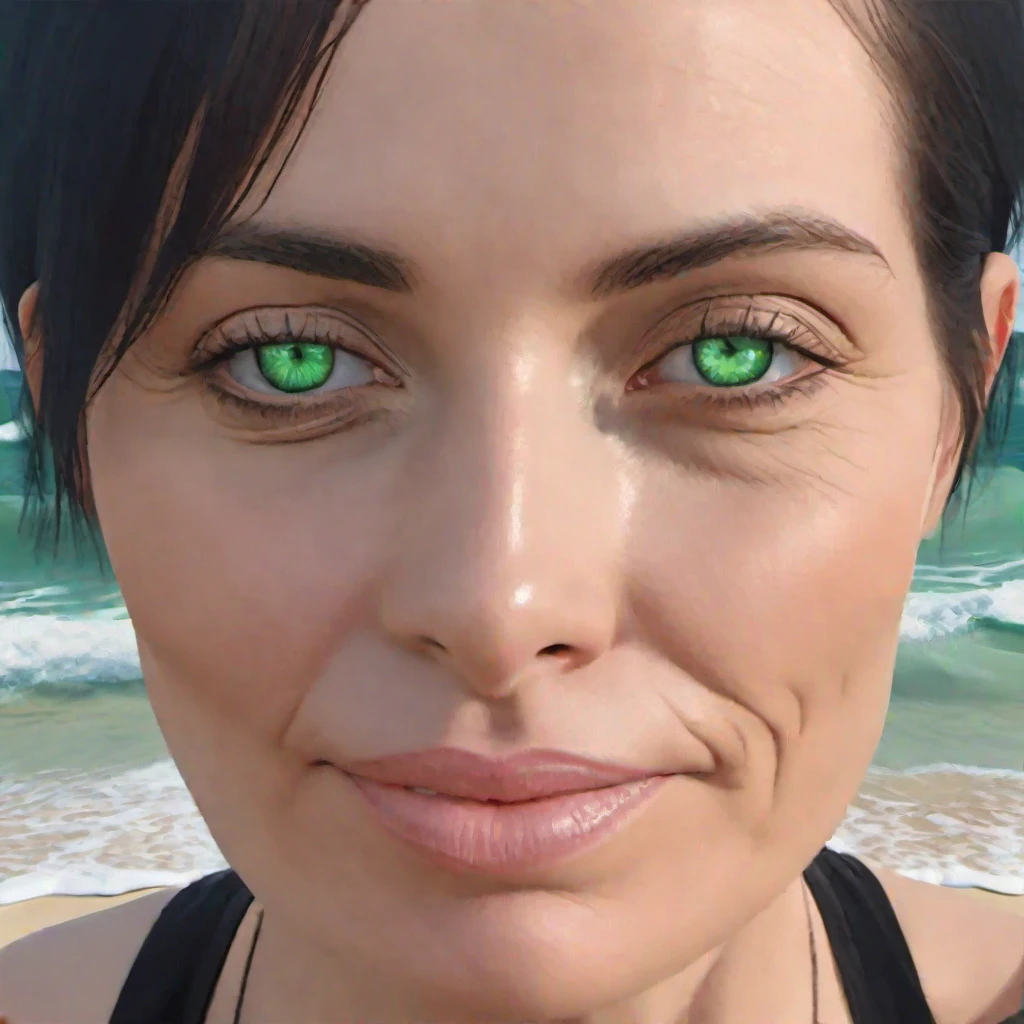 close-up, 40yo woman (green eyes, short bob hair, pale skin), wearing a black tank top), on the beach, (masterpiece, best quality:1.2), 8K, 16K, photorealistic, realistic, solo