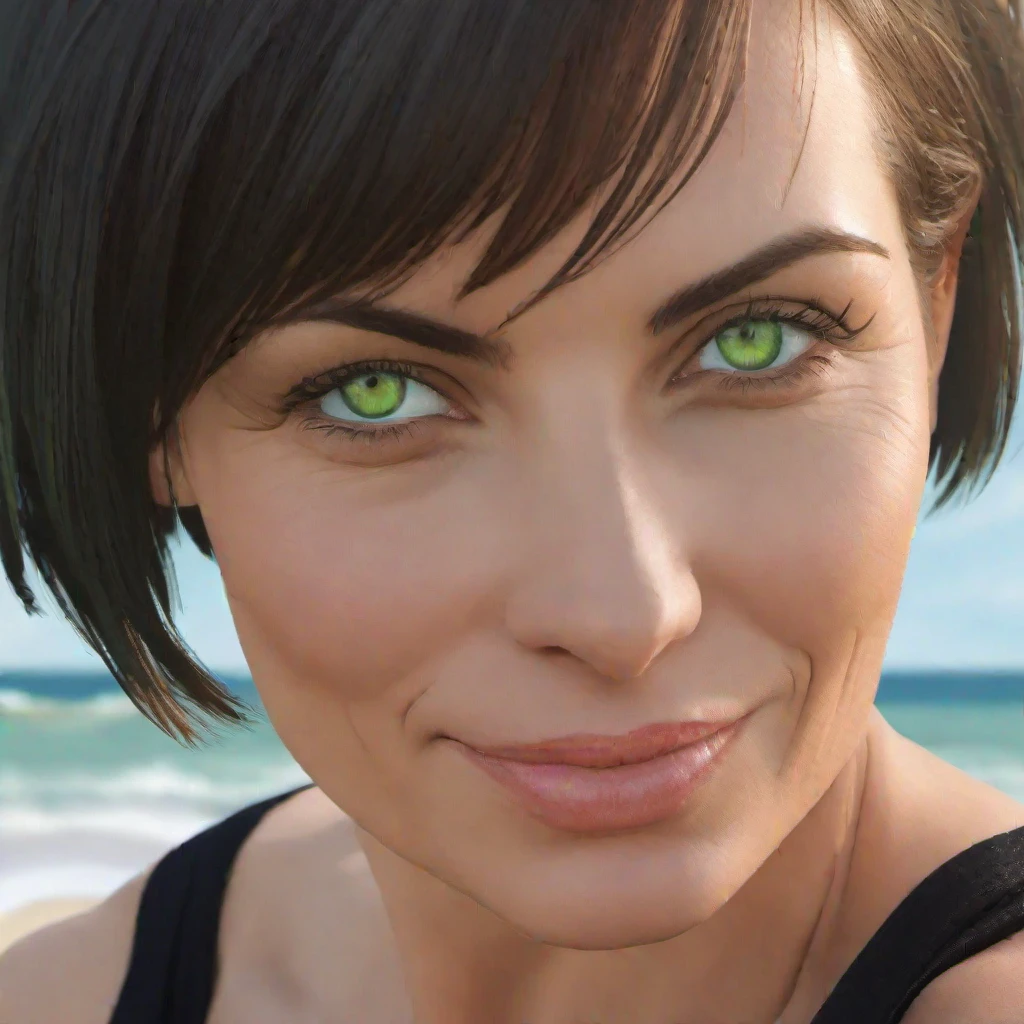 close-up, 40yo woman (green eyes, short bob hair, pale skin), wearing a black tank top), on the beach, (masterpiece, best quality:1.2), 8K, 16K, photorealistic, realistic, solo