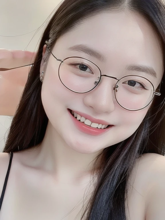 (realistic、masterpiece、Best Quality、8K、highres、high resolution:1.3)、1 glasses girl、Gigantic breasts、white bikini、looking at viewers、super fine face and eyes、long hair、 upper body、