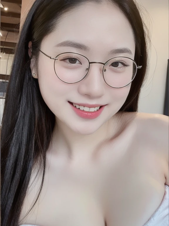 (realistic、masterpiece、Best Quality、8K、highres、high resolution:1.3)、1 glasses girl、Gigantic breasts、white bikini、looking at viewers、super fine face and eyes、long hair、 upper body、
