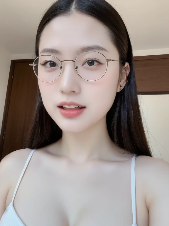 (realistic、masterpiece、Best Quality、8K、highres、high resolution:1.3)、1 glasses girl、Gigantic breasts、white bikini、looking at viewers、super fine face and eyes、long hair、 upper body、
