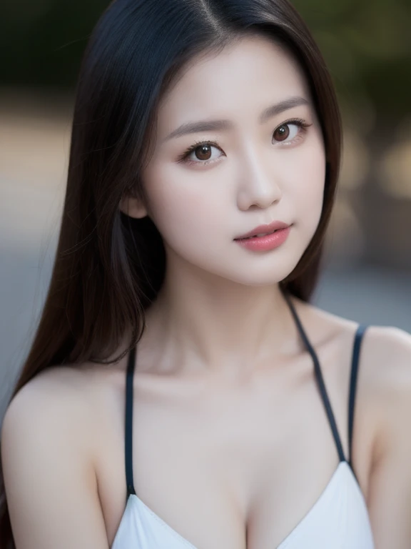 25 years old woman, bokeh, (photorealistic:1.4, realistic), highly detailed CG unified 8K wallpapers, 1girl, ((slender body:1)), looking at viewer, (HQ skin:1.4), 8k uhd, dslr, soft lighting, high quality, film grain, Fujifilm XT3, (((close up shot:1.2))), (((black dress))), (((outdoor, at park))), <lora:secretnumber-dita-V1:0.8>