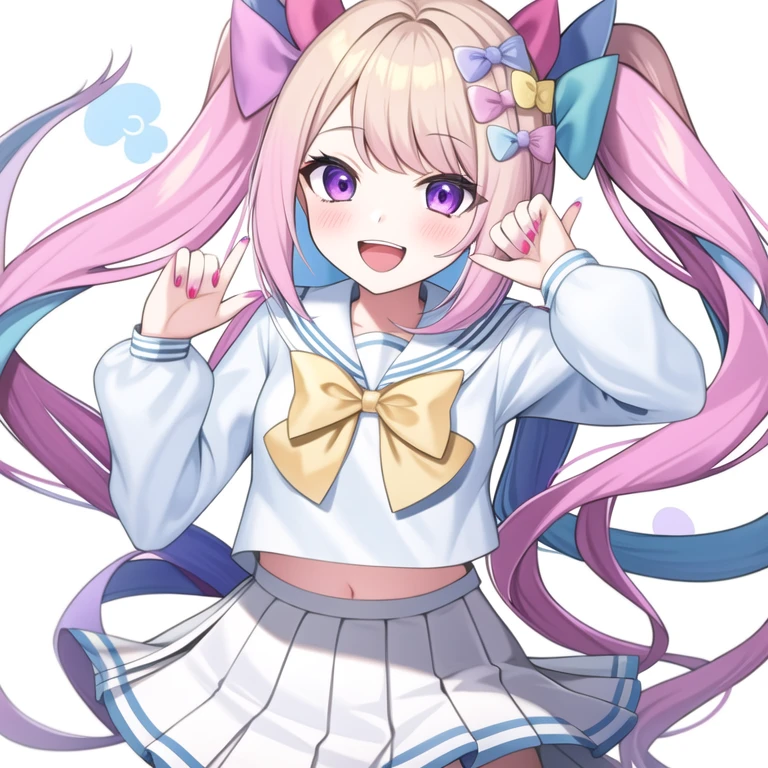 1girl,chaotian, solo, simple background, white background, cowboy shot, looking at viewer, blush, quad tails, open mouth, teeth, pleated skirt, serafuku, shirt, white skirt, long sleeves, yellow bow, sailor collar, pink bow, blue bow, purple bow, bowtie, multicolored nails, nail polish, normal quality, pill, :d