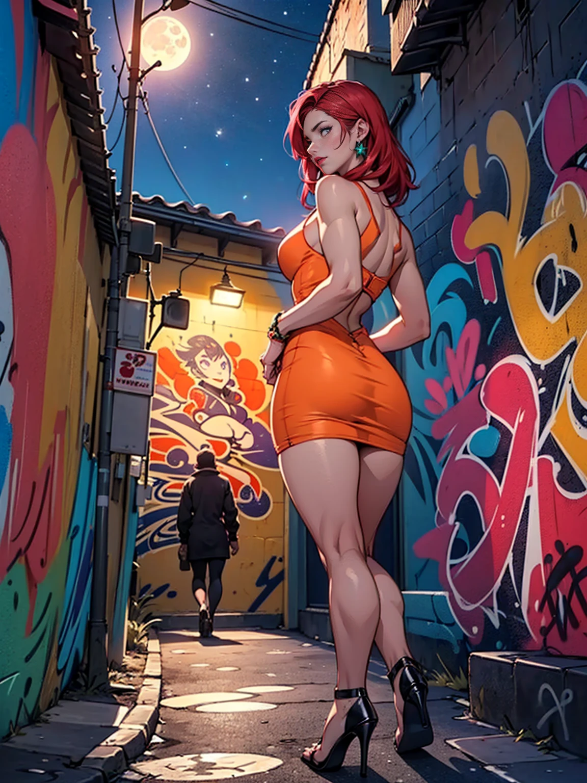 ((TakashiroHiroko, dark purple eyes, red hair, pink lipstick, Extremely detailed, ambient soft lighting, 4k, perfect eyes, a perfect face, perfect lighting, a 1girl, fitness)) austere,((high hell, stiletto high heels, jade earrings, gold jewelry, orange dress, tube dress, maliciosa)), night sky, clouds, erotica, lots of erotica, (graffiti alley, graffiti walls, in an alley, night, moonlight, starry night), back, MFBP1