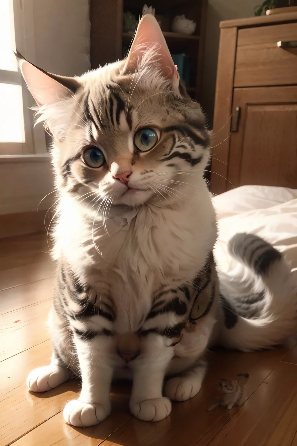 Meet Whiskers, a playful and adorable little kitty with soft, fluffy fur and vibrant, curious eyes. She often wears a pink bow on her head, adding a charming touch to her appearance. Whiskers is seen here in her cozy house, sitting in front of a sunny window, intently watching her reflection in the mirror.