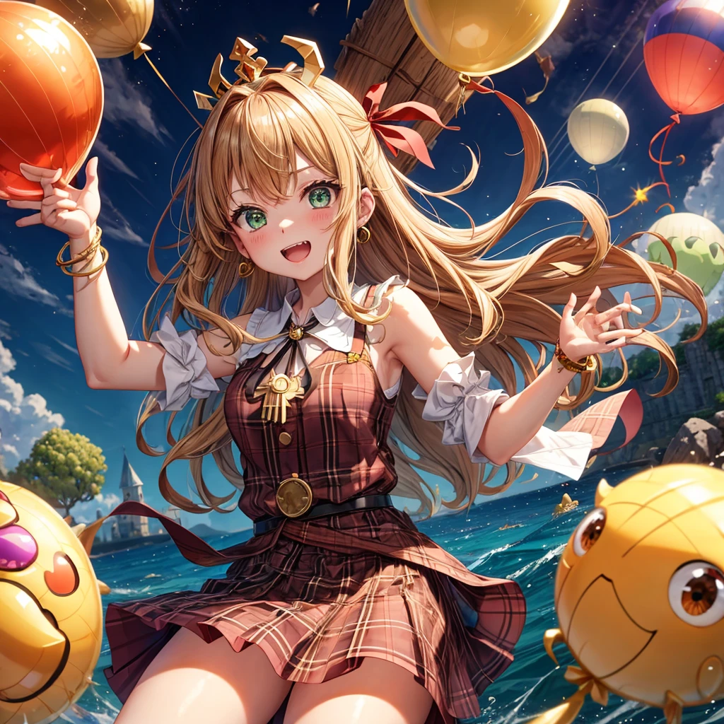 reddish-brown blonde、green eyes、one good looking girl、solo、anime、plaid mini skirt、the skirt has buttons、camisole、black t-shirt、dress、wearing a ribbon、ribbon at waist、cloak、hood、clouds are swirling、stone slabs are piled up、one hand raised、crystal earrings、sun、gold coins are falling、teeth are visible、splash of water、monster castle、have a world map、ceiling、golden key、balloon、jewelry necklace、tiara、sunburn