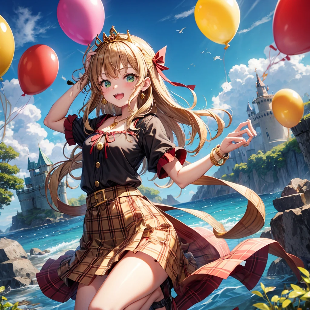 reddish-brown blonde、green eyes、one good looking girl、solo、anime、plaid mini skirt、the skirt has buttons、camisole、black t-shirt、dress、wearing a ribbon、ribbon at waist、cloak、hood、clouds are swirling、stone slabs are piled up、one hand raised、crystal earrings、sun、gold coins are falling、teeth are visible、splash of water、monster castle、have a world map、ceiling、golden key、balloon、jewelry necklace、tiara、sunburn