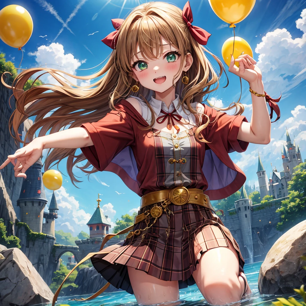 reddish-brown blonde、green eyes、one good looking girl、solo、anime、plaid mini skirt、the skirt has buttons、camisole、black t-shirt、dress、wearing a ribbon、ribbon at waist、cloak、hood、clouds are swirling、stone slabs are piled up、one hand raised、crystal earrings、sun、gold coins are falling、teeth are visible、splash of water、monster castle、have a world map、ceiling、golden key、balloon、jewelry necklace、tiara、sunburn