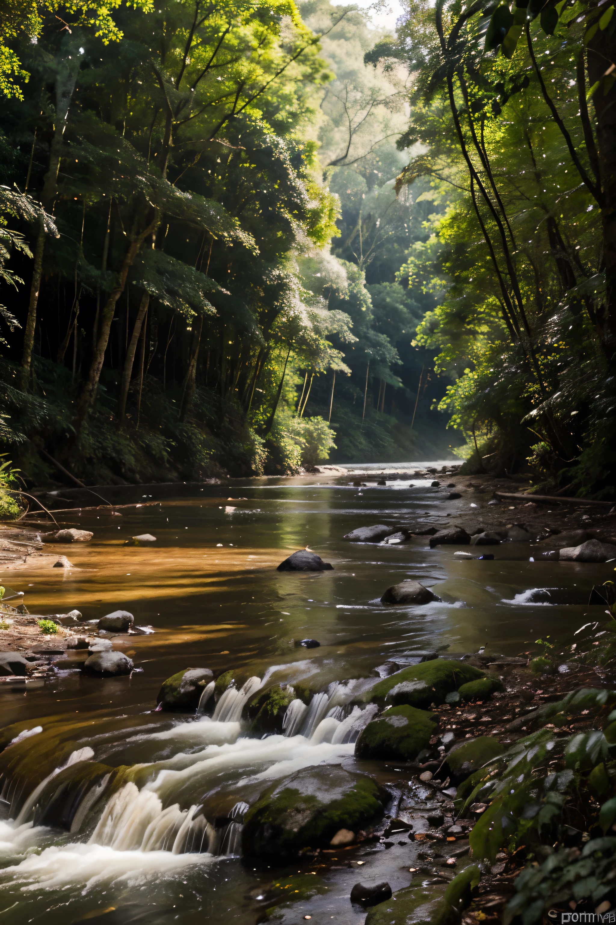 a not very dense forest, com cores vivas, um rio cortando essa floresta, After this river there will be a house that was built with natural resources, essa casa tem portas e janelas que possuem os mesmos recursos, some birds will be passing through this forest and a jaguar will be drinking water from this river, imagem realista, 4k