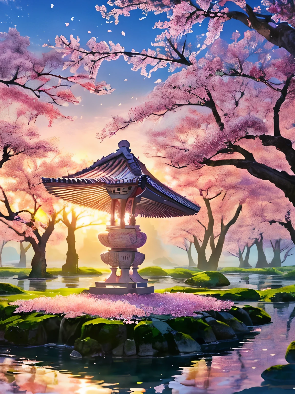 (best quality,realistic),detailed sakura petals, gentle breeze,soft sunset light,vibrant colors,serene atmosphere,enchanting,magical,whimsical,peaceful,tranquil,majestic, ethereal,quiet,scenic,romantic,breathtaking,surreal,dreamy,serene,harmonious.