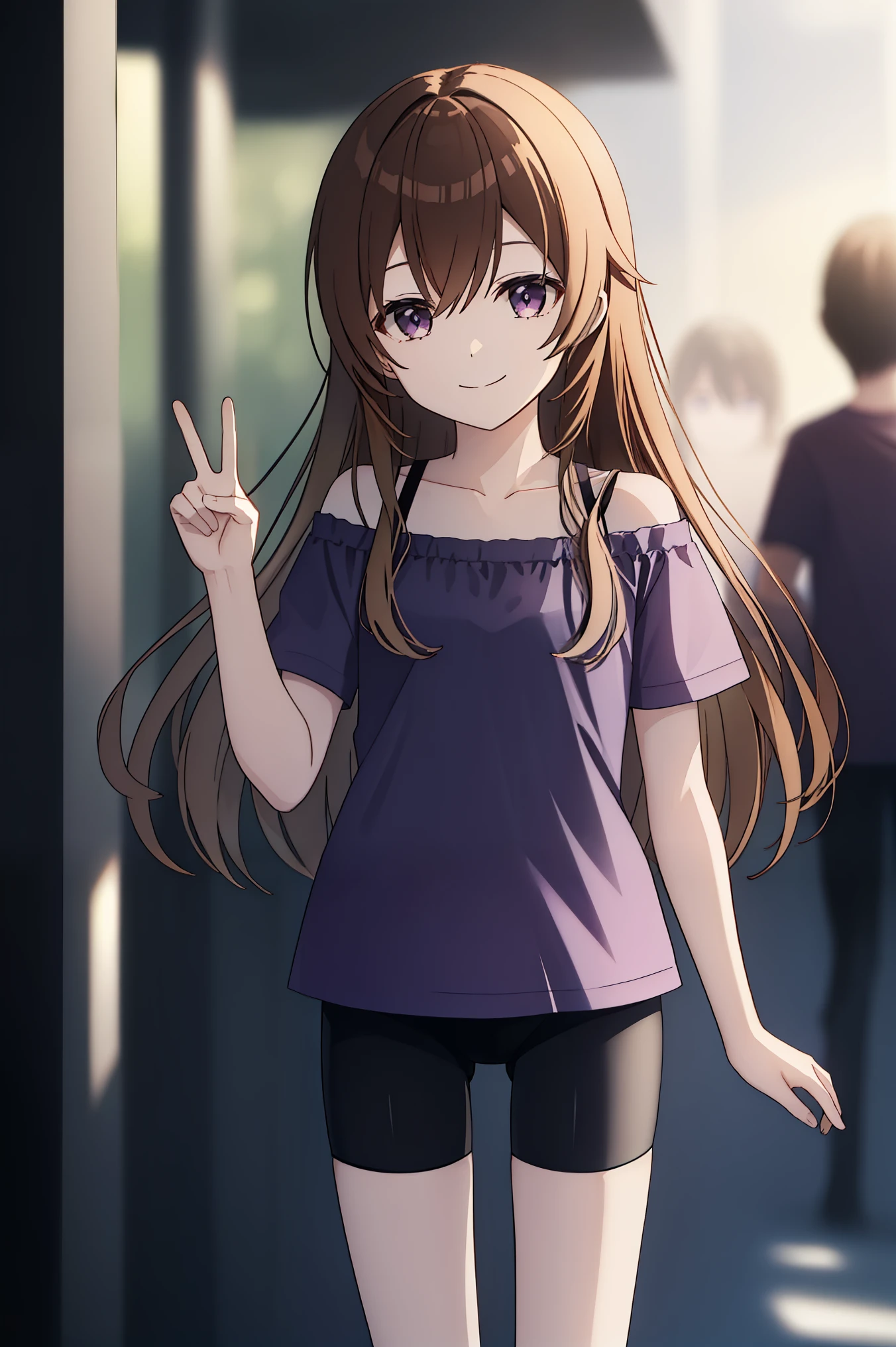 1 girl, hdr, smile, Konoe kanata, long hair, straight hair, purple eyes, brown hair, strap, purple shirt, off-shoulder, dress, short sleeves, standing, solo focus, bike shorts, black bike shorts, looking at viewers, bike shorts, black bike shorts, double peace sign, 