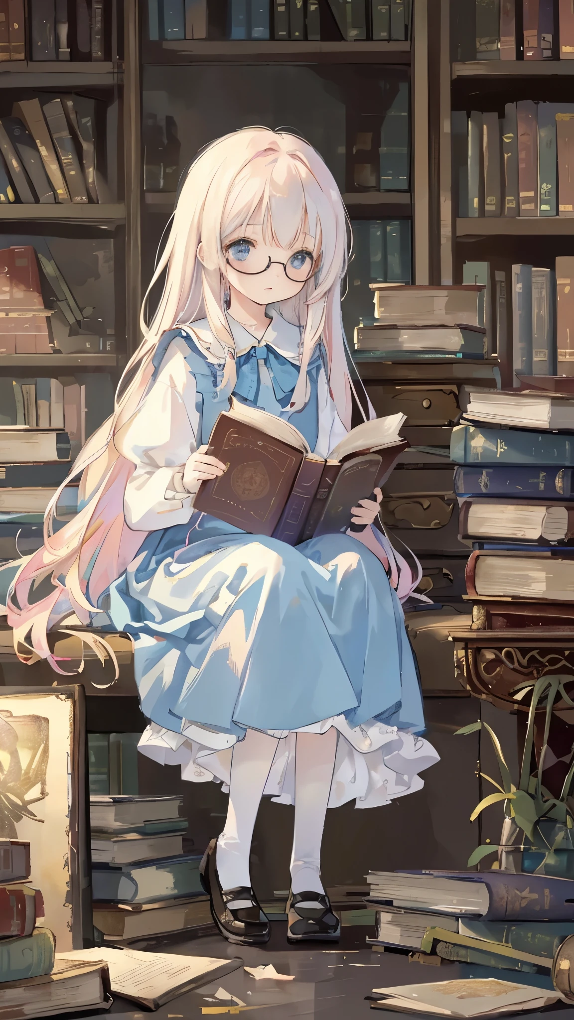 confused, High resolution, (An illustration: 1.3)、 ((debris flies)), anime、((highest quality)), (Super detailed), (beautiful), ((Set in a large detailed dark abandoned library:1.3)), alone,(:1.3)、cute face、Full body Esbian、((A is sitting on a messy pile of books)),((She is reading a book in one hand while wearing an Alice in Wonderland costume.:1.2)),white and transparent skin、Shiny pale colorful long hair,Be shy and look away、Low - Angle、(Very sleepy face)、hair knot、wears round glasses、sitting on a big book