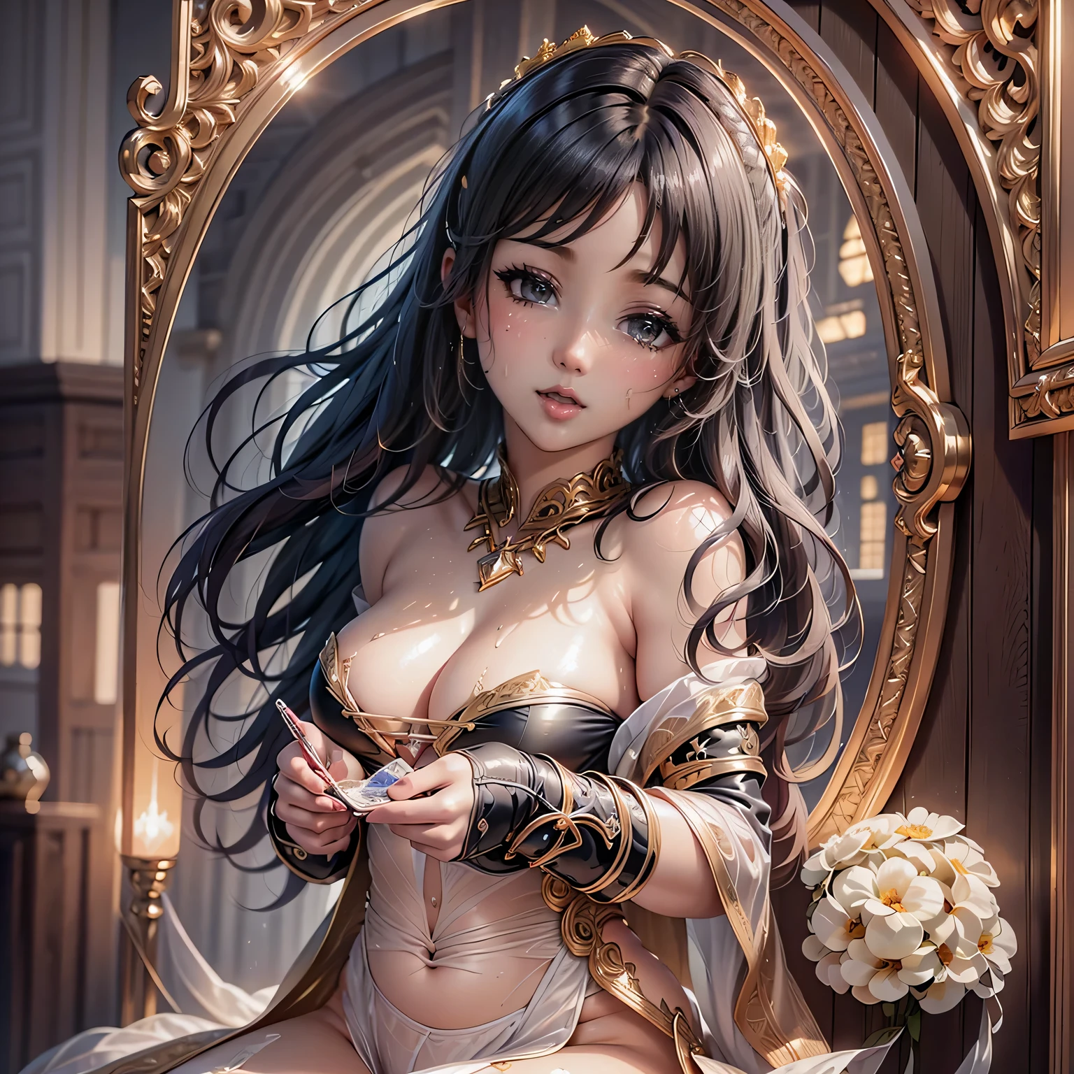 high level of detail, best quality, masterpiece, 1girl, garnet-smf, jewelry, solo, necklace, dress, long hair, tiara, breasts, brown eyes, gloves, brown hair, elbow gloves, cleavage, bare shoulders, medium breasts, white dress, strapless, wedding dress, white gloves, lips, strapless dress, princess ,lips, black hair, skin tight, cowboy shot, collarbone, low-tied long hair, outdoors, castle, clouds, garnet from final fantasy 9, (masterpiece, best quality:1.2),(8k,highres,RAW photo,realistic,photo-realistic:1.3),(detailed skin texture,detailed cloth texture,beautiful detailed face:1.25),professional lighting,photon mapping,beautiful soft light,radiosity,physically-based rendering,model shoot style, model shoot style, (extremely detailed CG unity 8k wallpaper), full shot body photo of the most beautiful artwork in the world, complex 3d render ultra detailed, looking at viewer, 18 yo, wet hair, real human skin, vibrant details, hyperrealistic, beautiful, octane render, 8k, best quality, masterpiece, an extremely delicate and beautiful, extremely detailed ,CG ,unity ,wallpaper, (realistic, photo-realistic:1.37),Amazing, finely detail, masterpiece,best quality,official art, extremely detailed CG unity 8k wallpaper ,extreme detailed eyes, (perfect face), shiny skin, colorful, highest detailed, vibrant colors, ultra high res, (high contrast), intricate, lens flare,