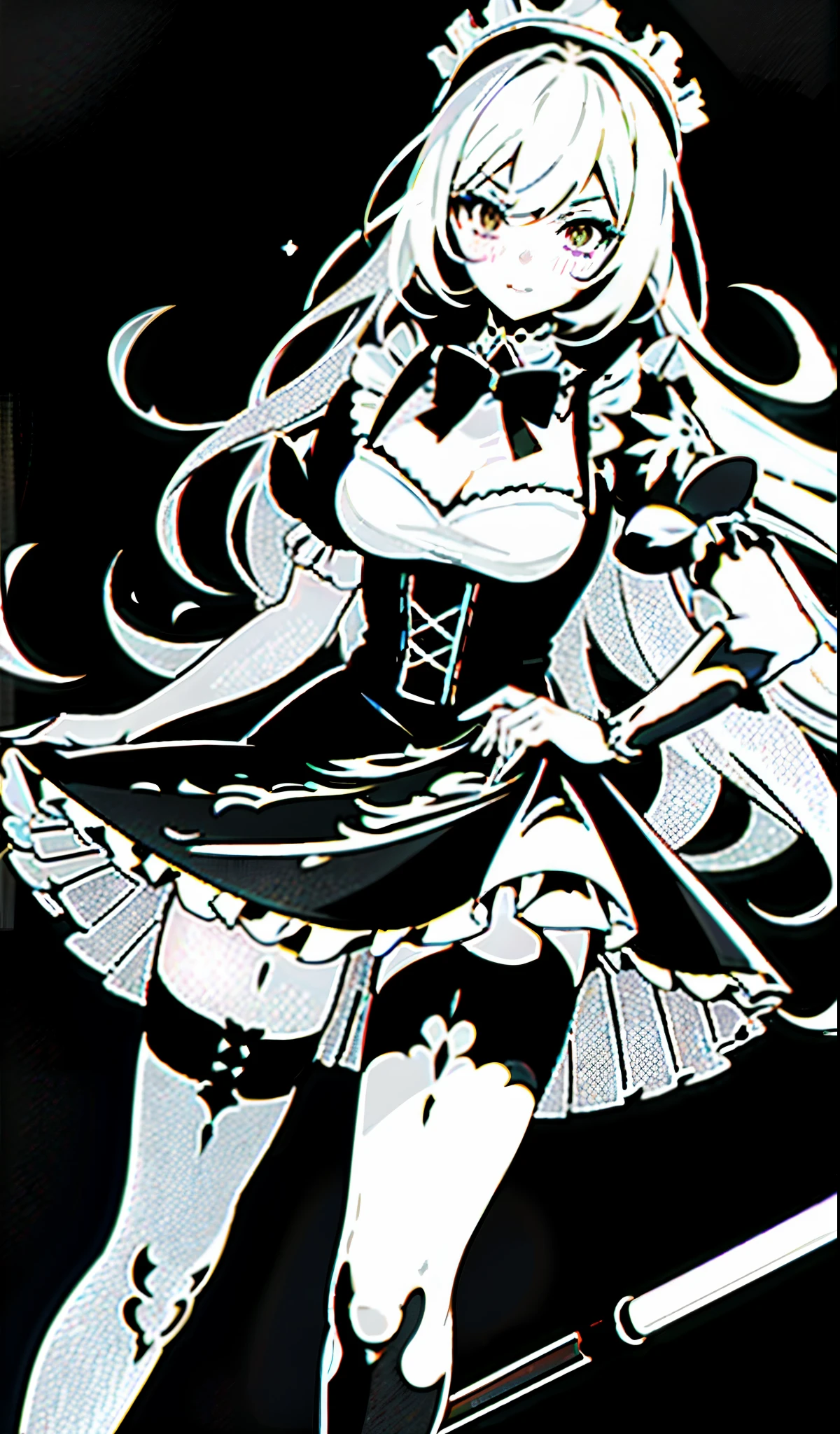 manga style art, black and white, bold tracing line, HDR, 8k, ultra detailed, 1girl, Mahou Shoujo, wear a maid dress ourfit, thigh high, hold magic stick, versus monster king skeletons