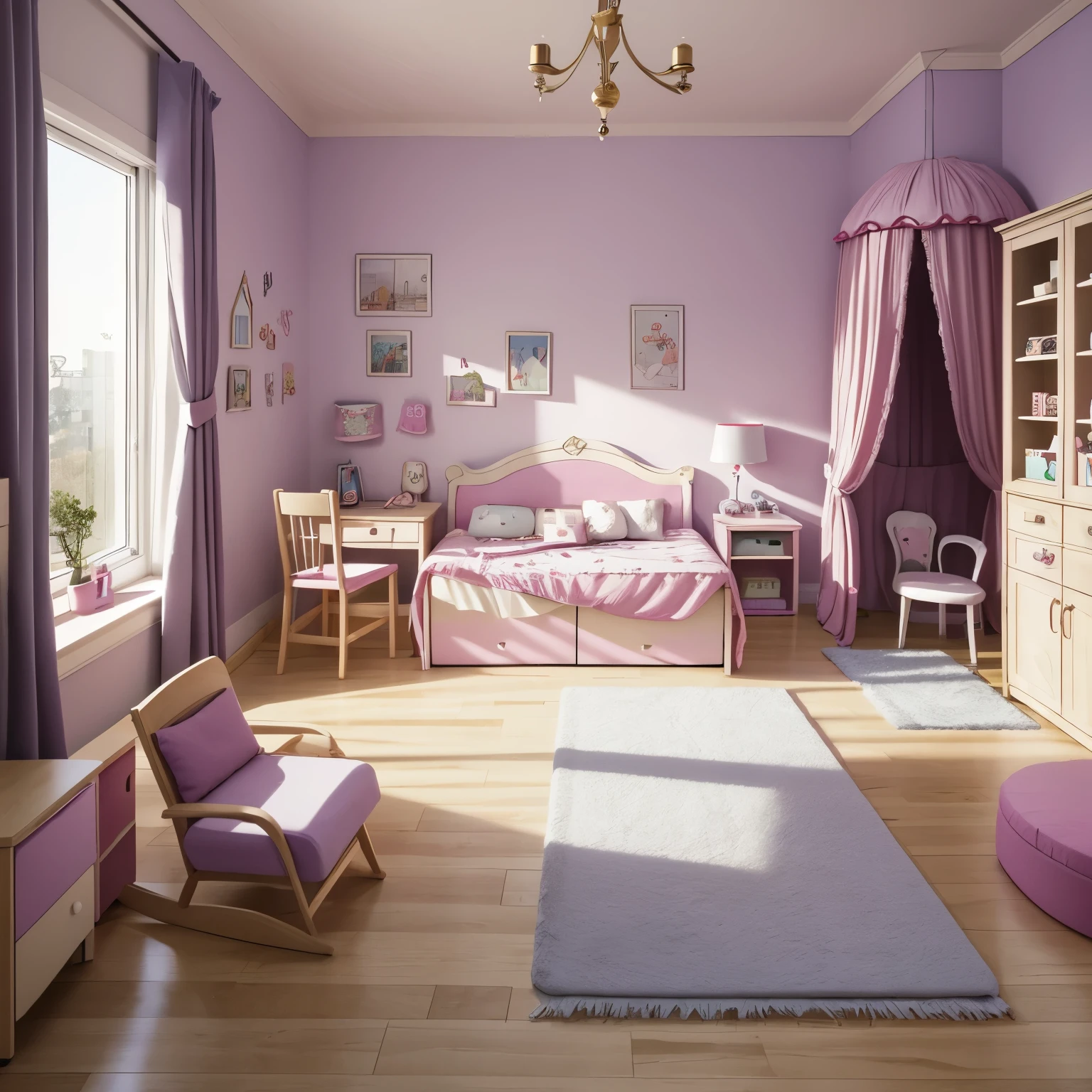 draw a room with bed bedside the wall, reding desk computer on it, and chair set, carpet on floor, toys spreading on it, rabbits dolls cars, window in the middle with curtains and sunshine outside there is a picture on the wall with word ”ISRA BASYS” on it.