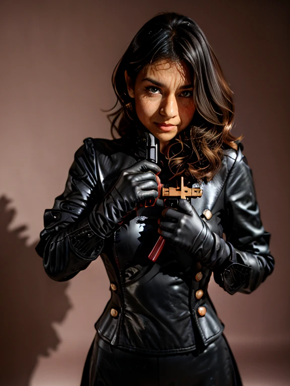A girl in a black suit holding a gun with both hands with black leather gloves, raw photo, film grain, 35mm, black hair