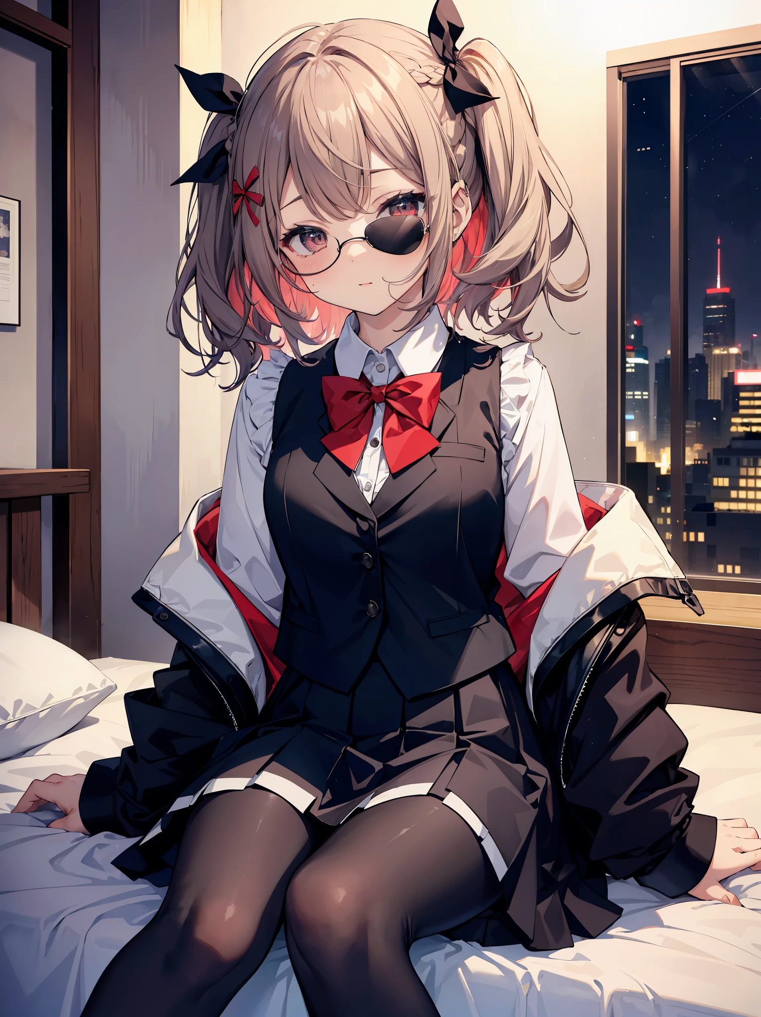 masterpiece, highest quality, High resolution, super detailed, 1 girl、solo、medium hair、braid、colorful hair,one side up,parted bangs,side lock,hair ribbon,Jacket,black Jacket,open Jacket,red bow tie,vest,brown vest,shirt,white shirt,short sleeve,shorter than long sleeve,skirt,black skirt,pantyhose,brown 黒色のpantyhose,Argyle Legwear,indoor,sitting,bed,blush,(embarrassing:1.2),(night:1.4),