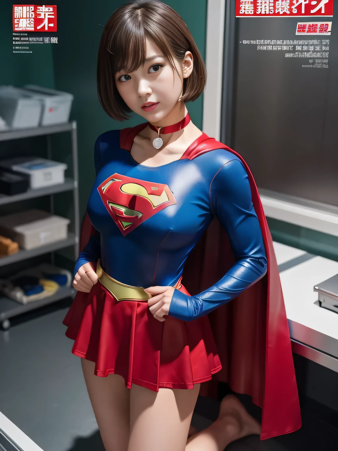 masterpiece、supergirl costume、short hair、barefoot, big and full breasts、execution、operating room、operating table、straddle、sweating、shiny、look at the camera、provocation、Estrus、choker、Weekly magazine cover、long sleeve、red mini skirt、obscene pose、Seduce、humiliating