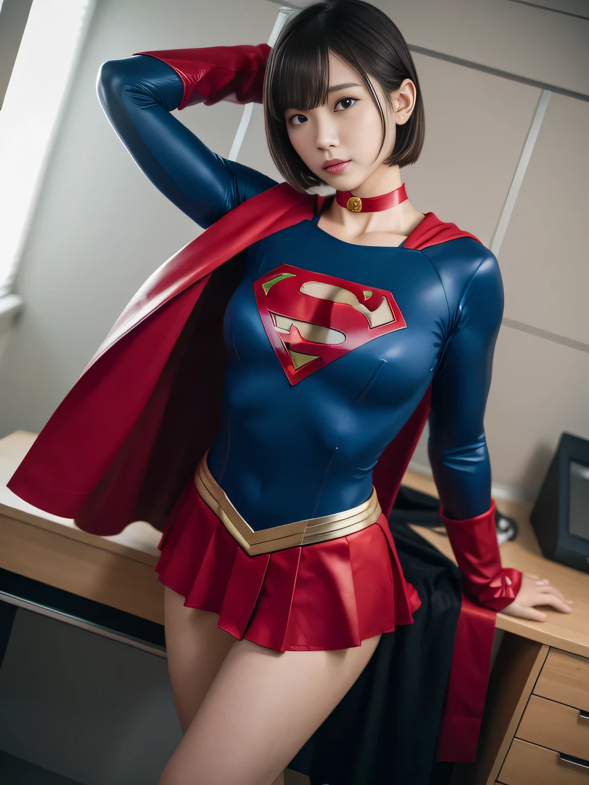 masterpiece、supergirl costume、short hair、barefoot、big and full breasts、execution、operating room、operating table、Crisis situation、straddle、flowing sweat、shiny、look at the camera、provocation、Estrus、choker、Weekly magazine cover、long sleeve、red mini skirt、obscene pose、Seduce、humiliating