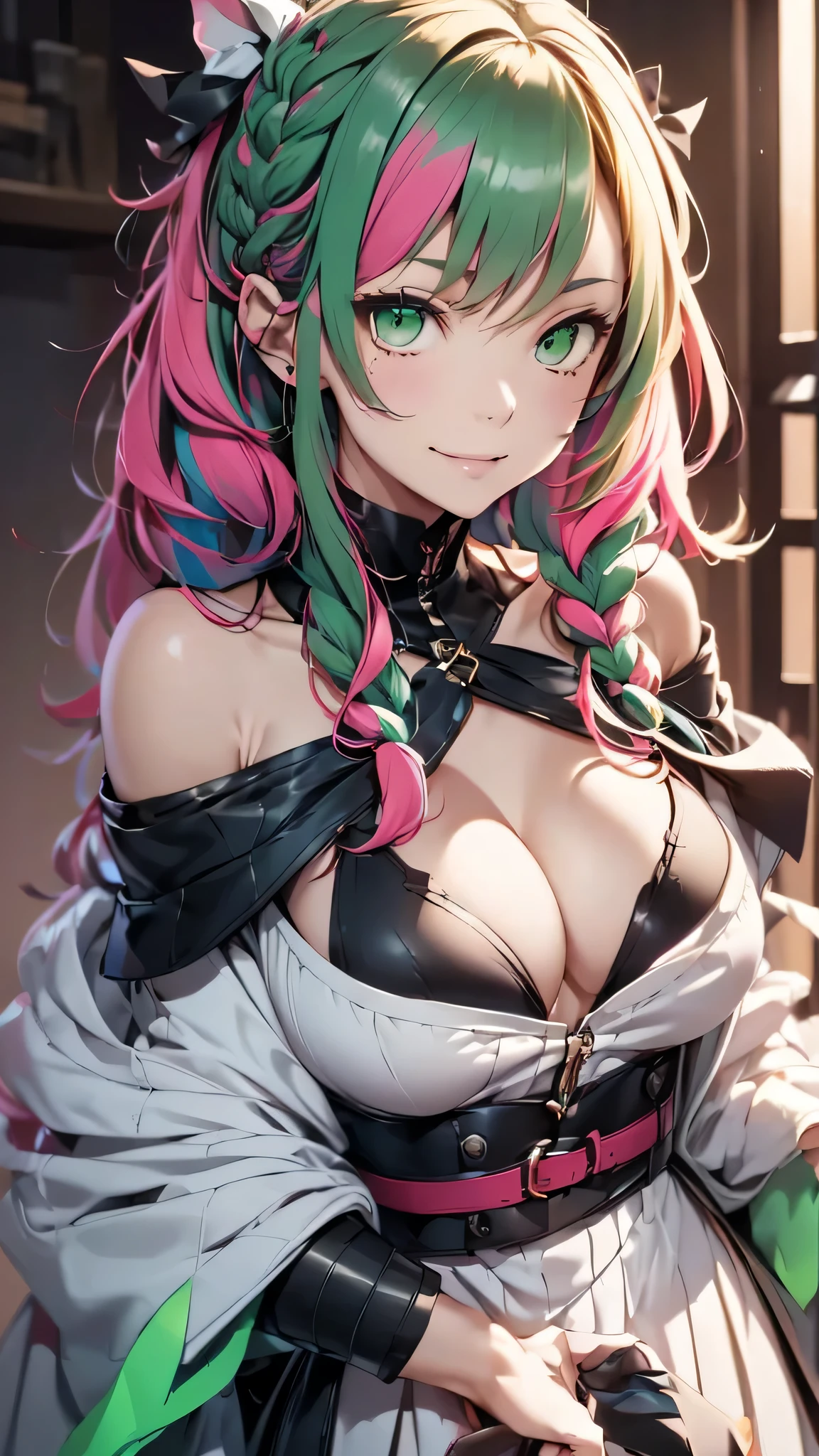 Mitsurikan Logi, Mitsuri Kanroji, Braid, gradient hair, (green eyes:1.5), green hair, long hair, mole, mole under the eyes, colorful hair, pink hair, Twin Braids, two tone hair,
brake belt, 黒のskirt, cleavage, coat, demon slayer uniform, Haori, Typically, long sleeve, ミニskirt, partially unbuttoned, プリーツskirt, skirt, uniform,
break looking at viewer,
rest indoors,
break (table top:1.2), highest quality, High resolution, unity 8k wallpaper, (shape:0.8), (fine and beautiful eyes:1.6), highly detailed face, perfect lighting, Detailed CG, (perfect hands, perfect anatomy),colorful hair, The whole body is reflected, (off shoulder costume:1.5), ((chest wide open and exposed)), (smile),