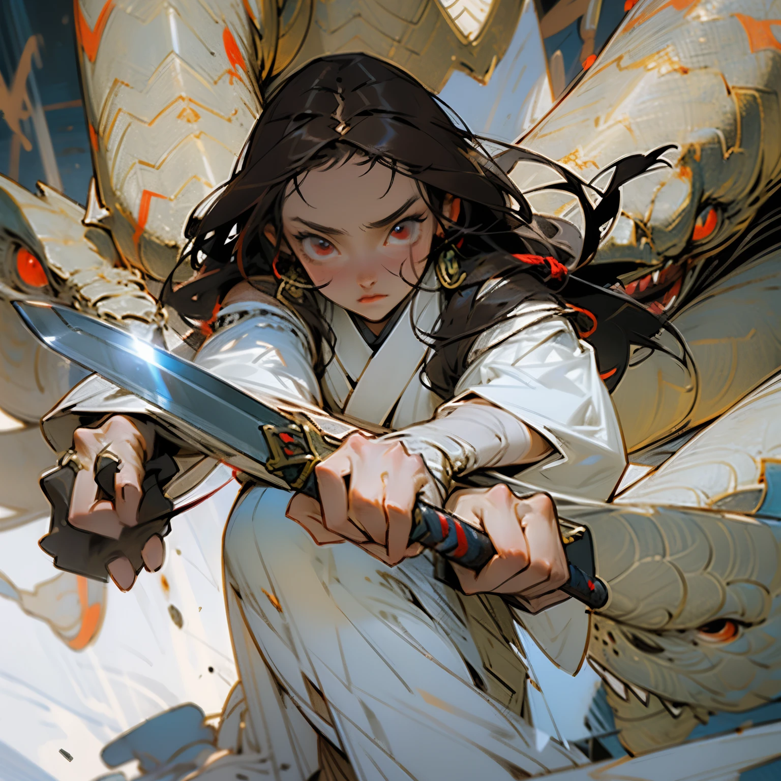fight,beautiful,female swordsman,reddish brown long hair,red eyes,Beauty,