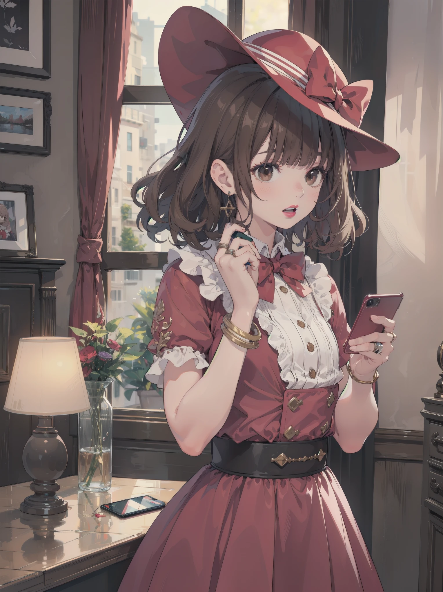 colorful, hezi, cosplay costume, beauty, stunning, 1girl, corded phone, solo, ring, jewelry, brown hair, realistic, talking on phone, phone, earrings, holding, parted lips, brown eyes, bangs, upper body, holding phone, curly hair, bow, looking to the side, bonnet, hair bow, blurry, lamp, lips, black eyes, indoors, blurry background, teeth, kettle, shirt, curtains, hand up, buttons, red lips, looking at viewer, medium hair, hat, nose, cellphone, red dress, dress, short sleeves, short hair, looking away, blunt bangs, open mouth, window, lipstick