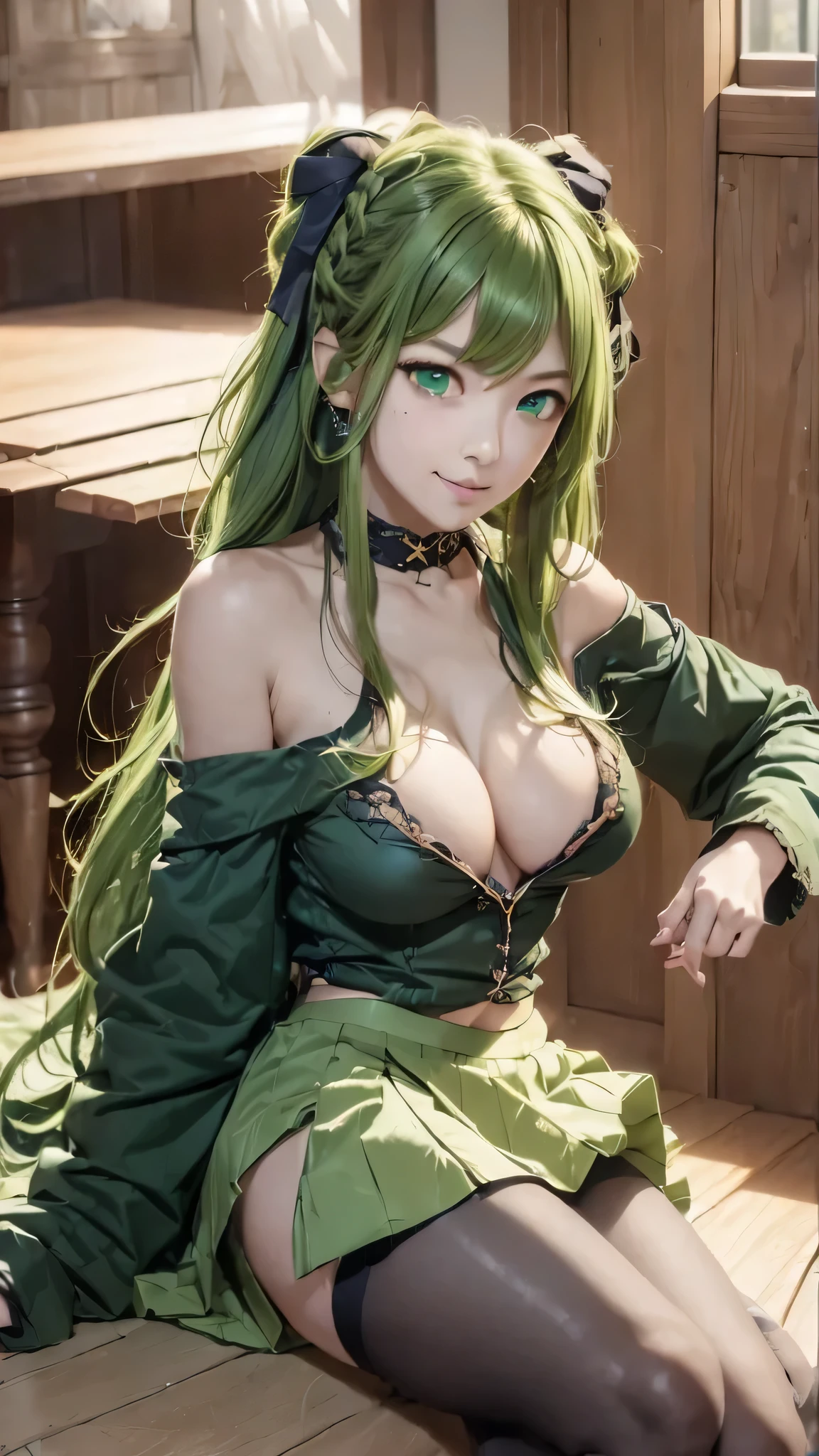 ((software:1.5))、Mitsurikan Logi, Mitsuri Kanroji, Braid, gradient hair, (green eyes:1.5), green hair, long hair, mole, mole under the eyes, colorful hair, pink hair, Twin Braids, two tone hair,
brake belt, 黒のskirt, cleavage, coat, demon slayer uniform, Haori, Typically, long sleeve, ミニskirt, partially unbuttoned, プリーツskirt, skirt, uniform,
break looking at viewer,
rest indoors,
break (table top:1.2), highest quality, High resolution, unity 8k wallpaper, (shape:0.8), (fine and beautiful eyes:1.6), highly detailed face, perfect lighting, (perfect hands, perfect anatomy),colorful hair, The whole body is reflected, (off shoulder costume:1.5), ((chest wide open and exposed)), (smile),