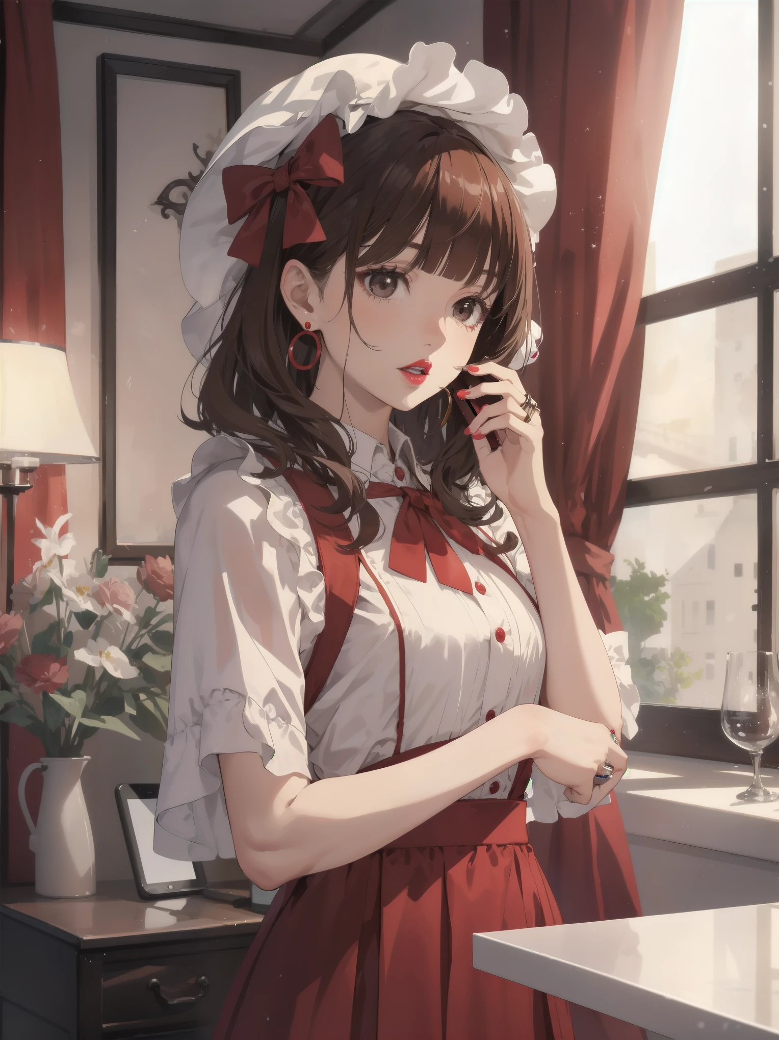 colorful, hezi, cosplay costume, beauty, stunning, 1girl, corded phone, solo, ring, jewelry, brown hair, realistic, talking on phone, phone, earrings, holding, parted lips, brown eyes, bangs, upper body, holding phone, curly hair, bow, looking to the side, bonnet, hair bow, blurry, lamp, lips, black eyes, indoors, blurry background, teeth, kettle, shirt, curtains, hand up, buttons, red lips, looking at viewer, medium hair, hat, nose, cellphone, red dress, dress, short sleeves, short hair, looking away, blunt bangs, open mouth, window, lipstick