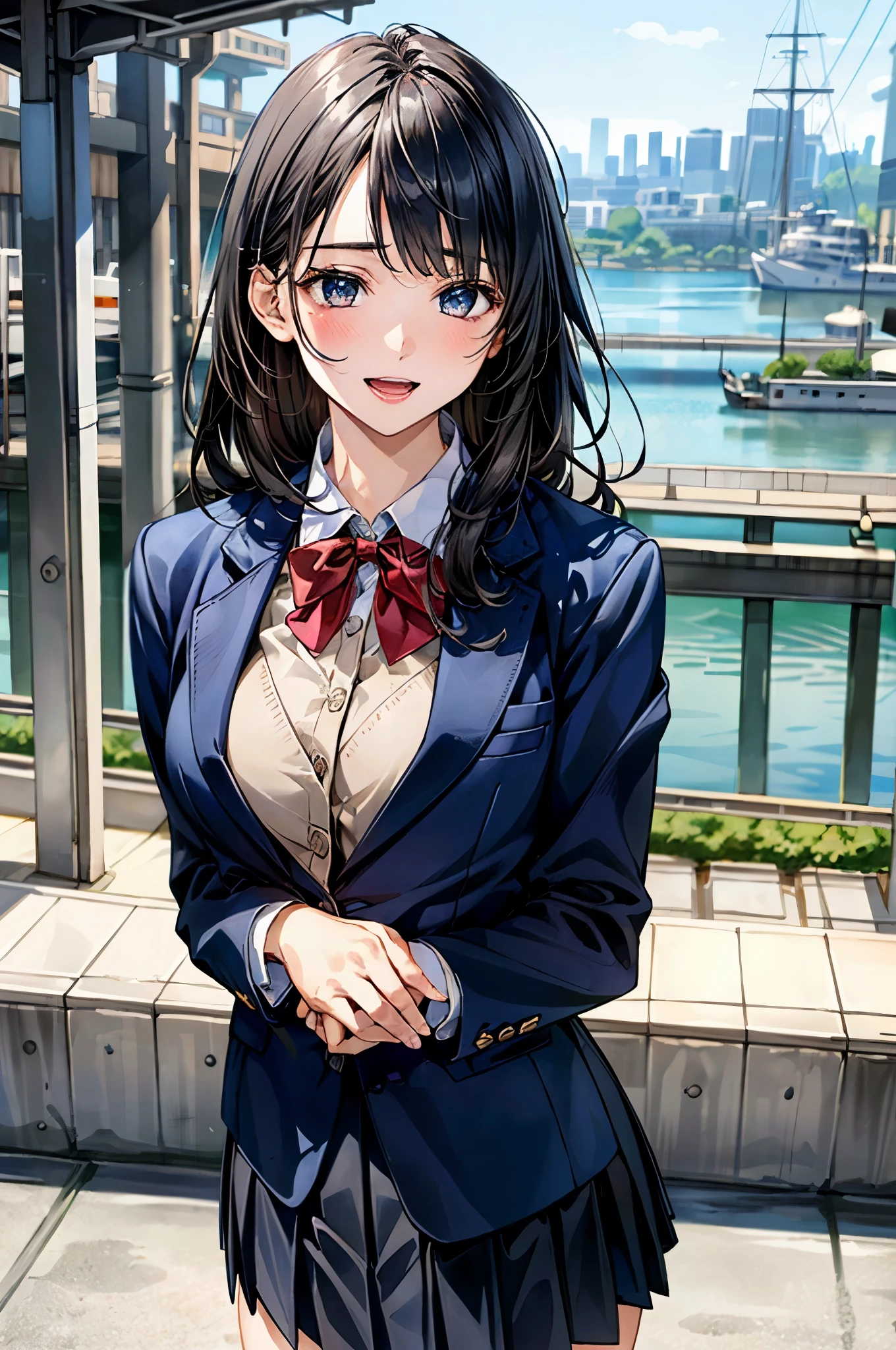 (masterpiece:1.2, top-quality), (realistic, photorealistic:1.4), beautiful illustration, (natural side lighting, movie lighting), ,
looking away, (face focus, upper body, front view:0.6), 1 girl, high school girl, japanese, perfect face, perfect anatomy, cute and symmetrical face, round face, shiny skin,
(long hair:1.6, long_hime_cut_hairstyle:1.5, black hair), swept bangs, blue eyes, big eyes, long eye lasher, (large breasts, thick thighs, big ass), nipple hardening,
beautiful hair, beautiful face, beautiful detailed eyes, beautiful clavicle, beautiful body, beautiful chest, beautiful thigh, beautiful legs, beautiful fingers,
(((navy clothes), school blazer, closed blazer, white collared shirts, navy pleated mini skirt), dark red bow tie, gray thigh-highs),
(beautiful scenery), depth of field, morning, (riverside, cityscape in the distance), standing, hands on own chest, (lovely smile, open mouth),