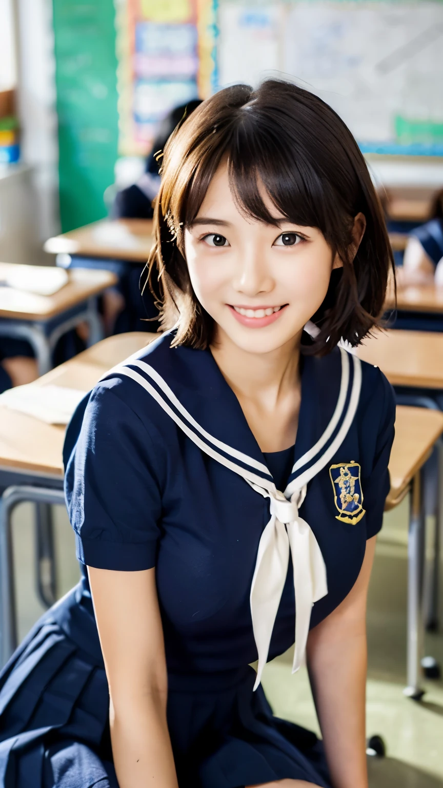 (((beautiful girl)))、(((beautiful high school girl))) 、short hair、Show your thighs、1 person、whole body、(((in the school classroom)))、Posing、(((sailor uniform)))、(((super mini skirt)))、(((big breasts)))、((smile))、photorealistic、beautiful detailed eyes、hyper realism、high contrast、Ultra HD、realistic skin texture、Highest image quality、highest quality、ultra high resolution、Finely detailed、very carefully
