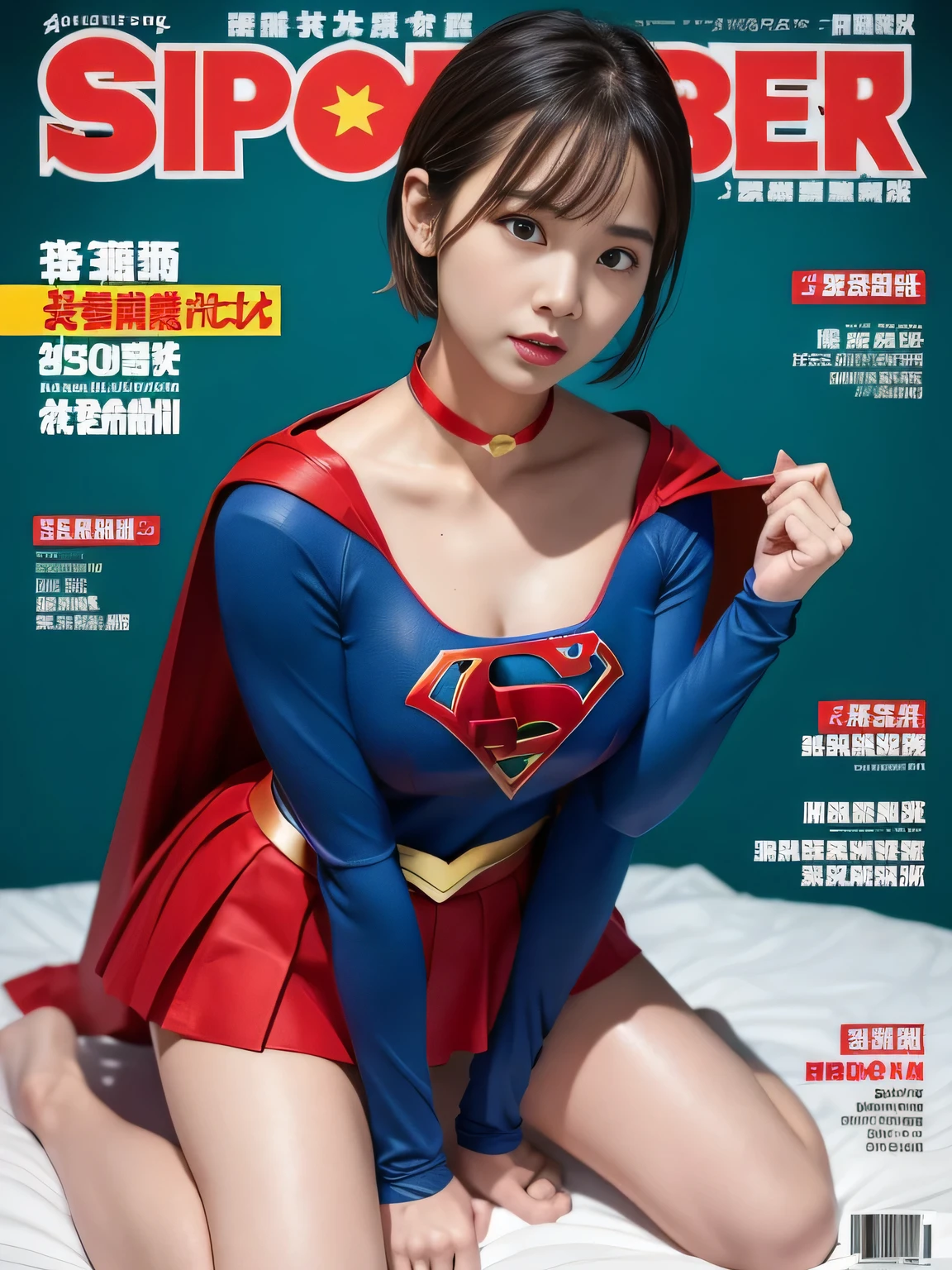 masterpiece、supergirl costume、short hair、barefoot、big and full breasts、Crisis situation、operating room、operating table、straddle、Sweat、shiny、look at the camera、provocation、Estrus、choker、Weekly magazine cover、long sleeve、red mini skirt、obscene pose、Seduce、