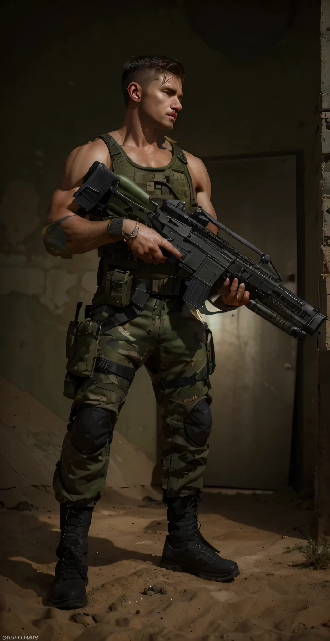 soldado masculino, very masculine british face, piel blanca, cuerpo muy musculoso, tanque superior militar verde, coderas y rodilleras de metal, guantes tacticos, pantalones militares, Belt with ammunition, Fundas, he holds a heavy laser rifle, he is on a battlefield in the desert, greenish atmosphere, modern tanks and vehicles, mucho humo, 4k, ultra detallado image, realista, muy detallado, perfect composition, splendid, intrincadamente detallado, incredibly detailed, 8k art photography, hiper detallado, Obra maestra, ultra detallado, hyper realista, 4k, ultra detallado image, realista, muy detallado, perfect composition, splendid, intrincadamente detallado, incredibly detailed, 8k art photography, hiper detallado, Obra maestra
