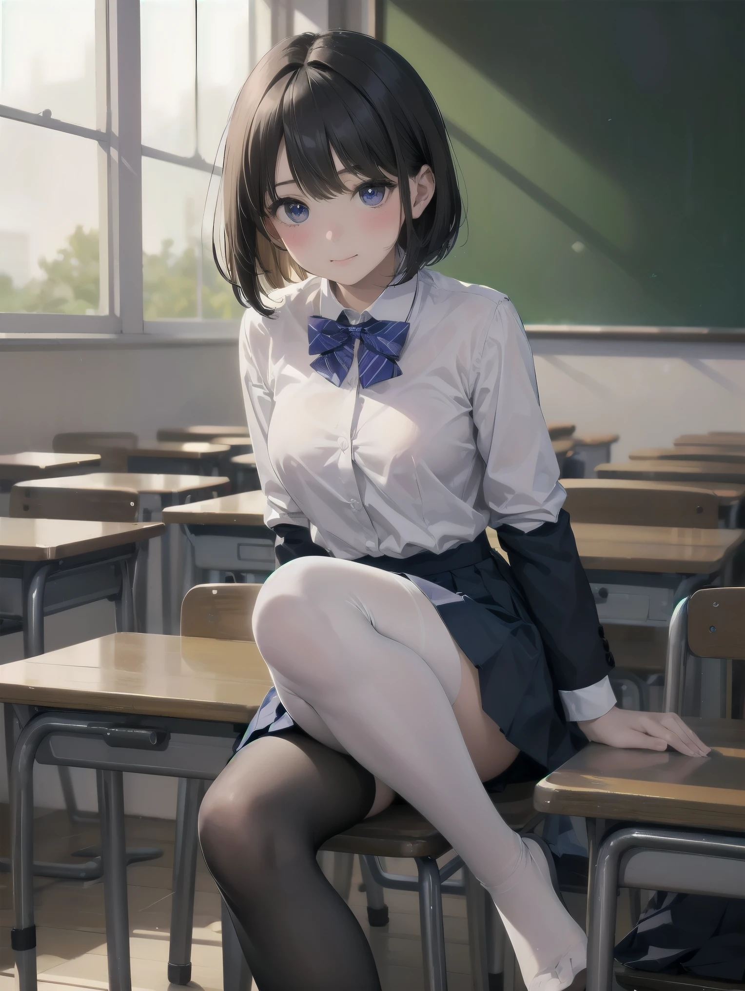 細部に至るまinの傑作、highest quality、realistic、1 girl、solo、、Looks about 5 years old、14iful girl、、5 year old baby face、Sibob in the forward、blue and purple mesh、big vertical eyes、Outstanding looks、cute 、proximity、closed_mouth、laughter、blush、恥ずかしさinいっぱい、blue bow tie、Branded uniforms、赤いblazer、blazer、pleated skirt、navy blue skirt、silk blouse、white blouse、feet、black tights、sit on top、classroom、hair_ornament、looking for_in_viewer、beiniful detailed eyes、realistic目、tights on、Not clear、professional effects、Not clear、enhanced elegance、Really ridiculous cuteness、cute