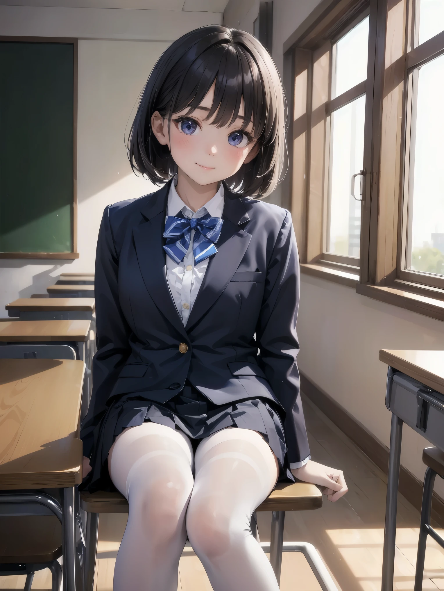 細部に至るまinの傑作、highest quality、realistic、1 girl、solo、12 years old、Looks about 5 years old、140cm beautiful girl、、5 year old baby face、Silky hair、Gradient bob in the forward、blue and purple mesh、big vertical eyes、Outstanding looks、cute 、proximity、closed_mouth、laughter、blush、恥ずかしさinいっぱい、blue bow tie、Branded uniforms、赤いblazer、blazer、pleated skirt、navy blue skirt、silk blouse、white blouse、feet、black tights、sit on top、classroom、hair_ornament、looking for_in_viewer、beiniful detailed eyes、realistic目、tights on、Not clear、professional effects、Not clear、enhanced elegance、Really ridiculous cuteness、cute