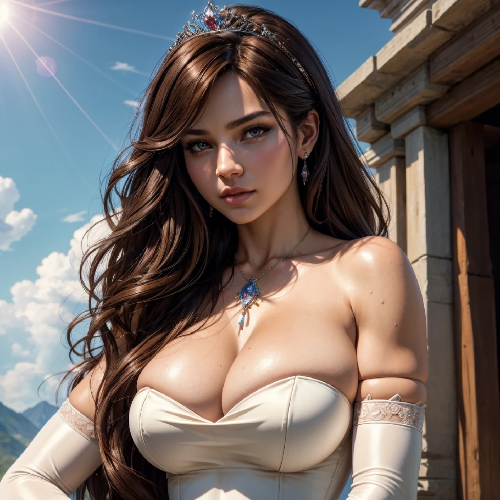 high level of detail, best quality, masterpiece, 1girl, garnet-smf, jewelry, solo, necklace, dress, long hair, tiara, breasts, brown eyes, gloves, brown hair, elbow gloves, cleavage, bare shoulders, medium breasts, white dress, strapless, wedding dress, white gloves, lips, strapless dress, princess ,lips, black hair, skin tight, cowboy shot, collarbone, low-tied long hair, outdoors, castle, clouds, garnet from final fantasy 9, (masterpiece, best quality:1.2),(8k,highres,RAW photo,realistic,photo-realistic:1.3),(detailed skin texture,detailed cloth texture,beautiful detailed face:1.25),professional lighting,photon mapping,beautiful soft light,radiosity,physically-based rendering,model shoot style, model shoot style, (extremely detailed CG unity 8k wallpaper), full shot body photo of the most beautiful artwork in the world, complex 3d render ultra detailed, looking at viewer, 18 yo, wet hair, real human skin, vibrant details, hyperrealistic, beautiful, octane render, 8k, best quality, masterpiece, an extremely delicate and beautiful, extremely detailed ,CG ,unity ,wallpaper, (realistic, photo-realistic:1.37),Amazing, finely detail, masterpiece,best quality,official art, extremely detailed CG unity 8k wallpaper ,extreme detailed eyes, (perfect face), shiny skin, colorful, highest detailed, vibrant colors, ultra high res, (high contrast), intricate, lens flare,