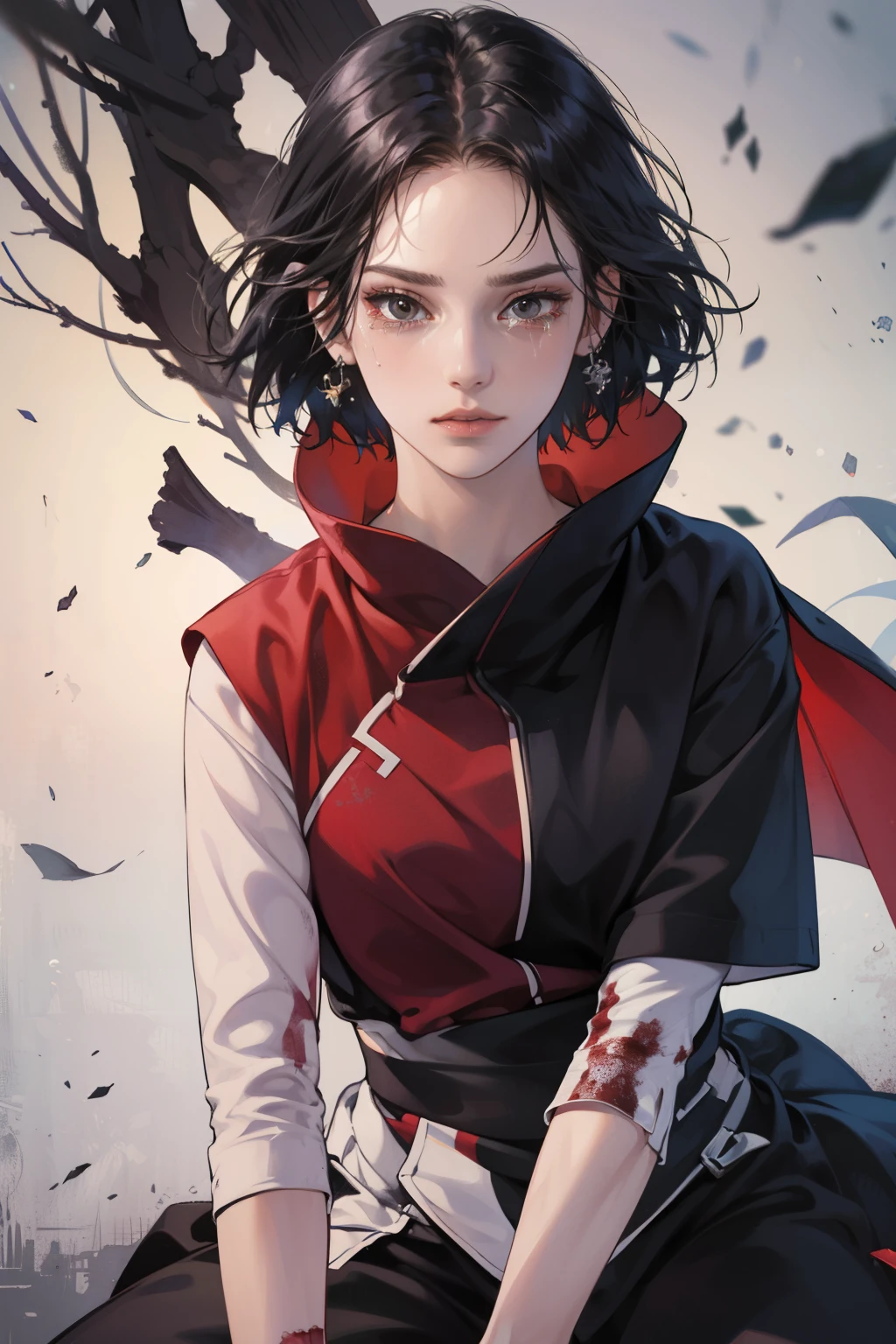 Masterpiece, Highest quality, realistic, 1 girl, 16 years, beautiful, extremely detailed face ((black eyes)), ((black short hair, Black hair)), ((bloody tears from the eyes)), ((In a ninja costume)), cinematic lighting, look at the viewer, portrait, face close up, In a ninja costume, High Quality Image, blood on the face