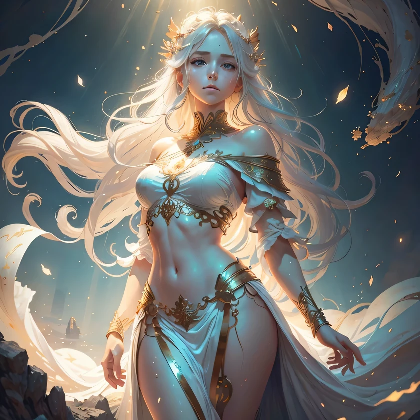 absurderes，A high resolution，ultra - detailed），1woman，a matural female，Older，long whitr hair，blond hairbl，Turquoise eyes，By bangs，longer sleeves，White Greek long dress，Fine eyes and detailed face，Very detailed CG Unity 8k wallpaper，Complicated details，Overlooking, solo, The upper part of the body, Detailed face, A determined expression, Bronze Age, (Ancient Roman theme:1.1), Roman mythology, Ancient Roman height, Roman Republic, Pompey, Aqueduct, the god of war, White Jane Nail, ancient themes, (Prosperous Civilization:1.1), Original white marble, (intact:1.1) mediterranean vista, valley in the background, majestic atmosphere, Floating bronze particles,, sportrait, The whirlpool of the wind