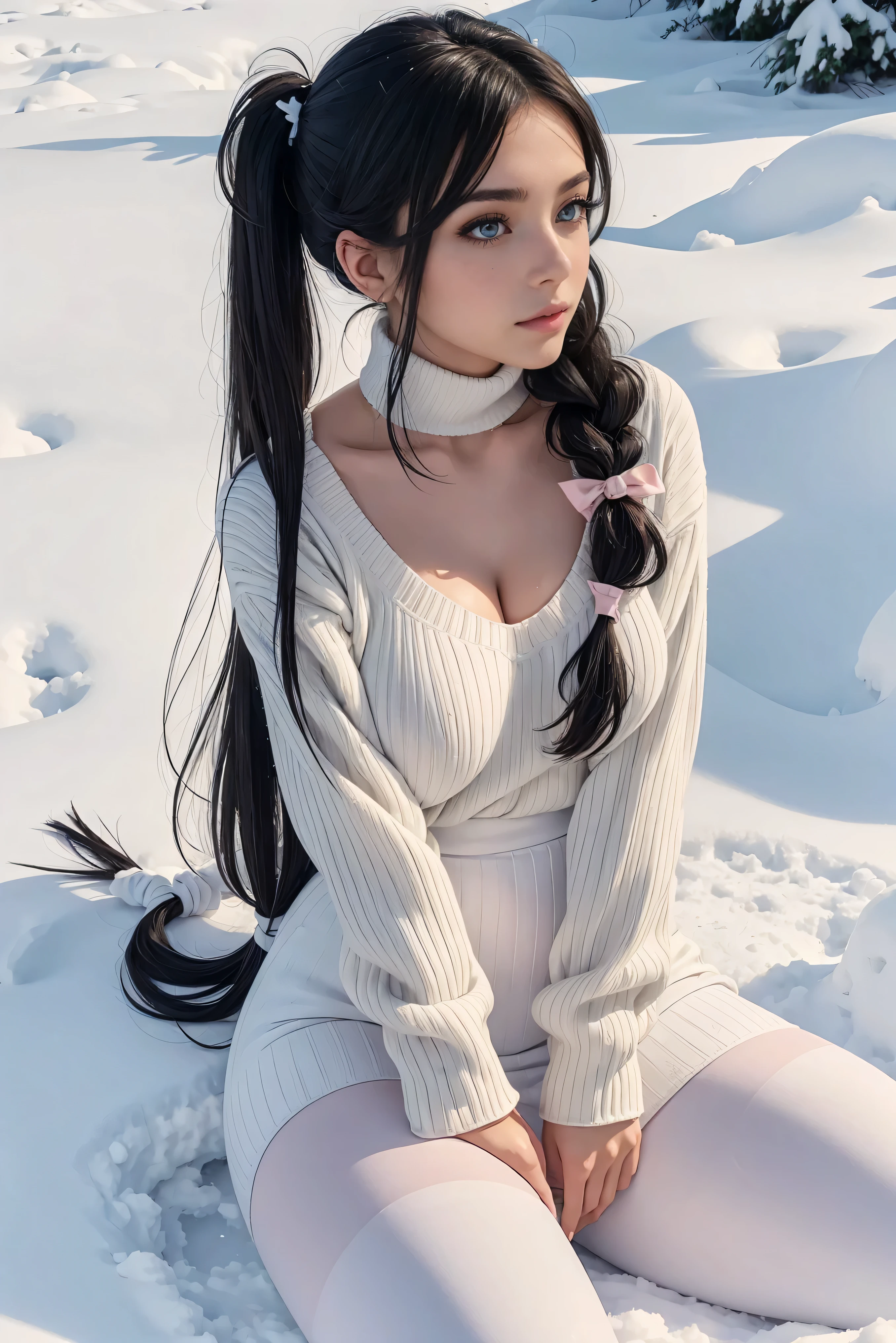 (Best Quality,High resolution:1.2), Ultra-detailed, Realistic portrait, hot Cypriot girl,, pretty face, perfect long legs, full body, tiny waist. large breasts, lying in the snow, tight white jumper, black high waist leggings, pink and white snow boots, in the snow, large blue eyes, long black hair tied up with a ribbon, pigtails, tight high waist skirt, woolen socks