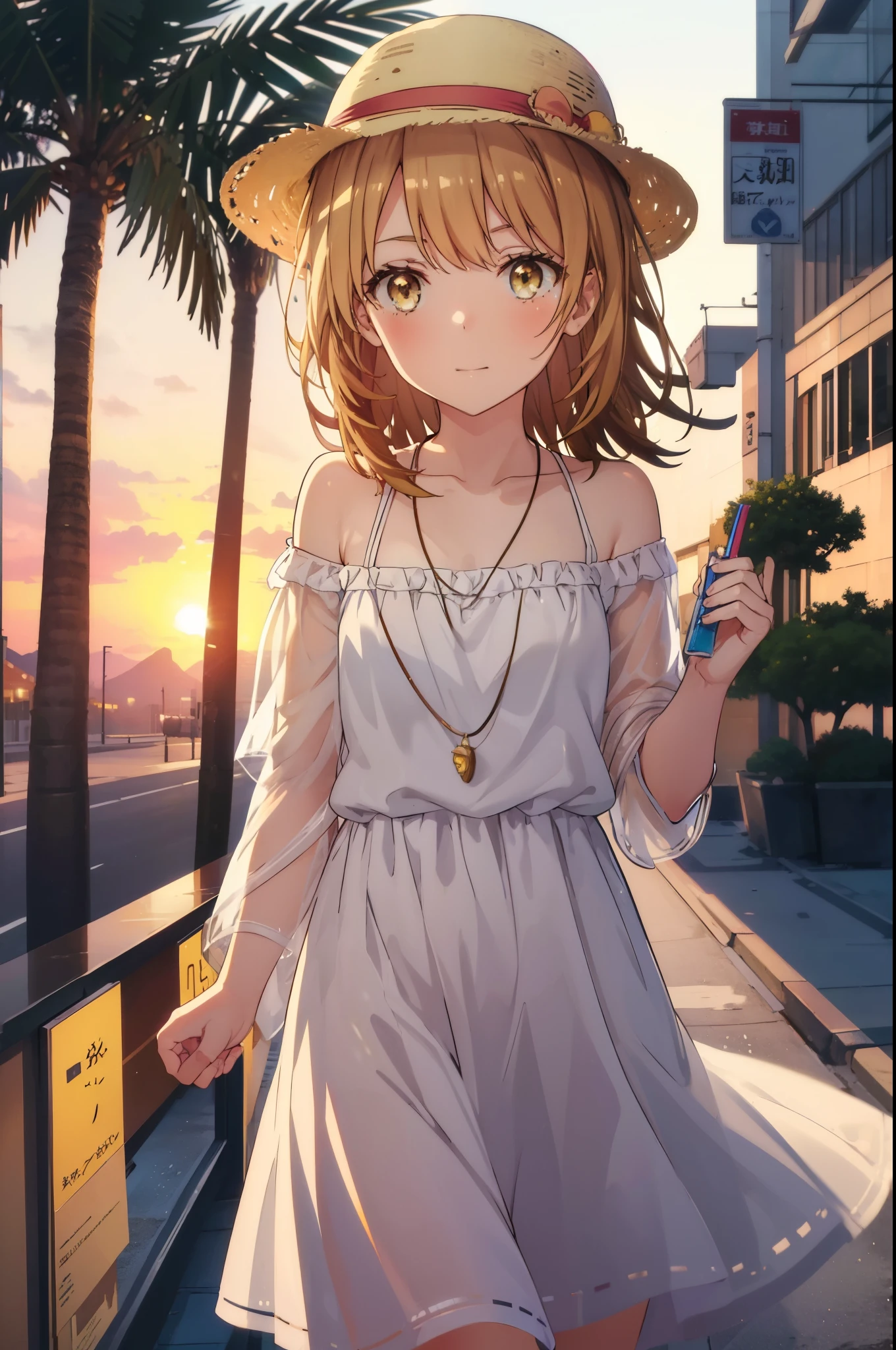 irohaisshiki, iroha isshiki, long hair, brown hair, (brown eyes:1.5), short braided hair,smile,blush,big straw hat,off shoulder dress,heart shaped pendant necklace,bare clavicle,naked neck,bare shoulders,long skirt,barefoot,turn around,
ビーチのsandy beachを散歩しながら、brown hair fluttering in the breeze,
break outdoors, sandy beach,海
break looking at viewer,
break (masterpiece:1.2), highest quality, High resolution, unity 8k wallpaper, (shape:0.8), (fine and beautiful eyes:1.6), highly detailed face, perfect lighting, Very detailed CG, (perfect hands, perfect anatomy),