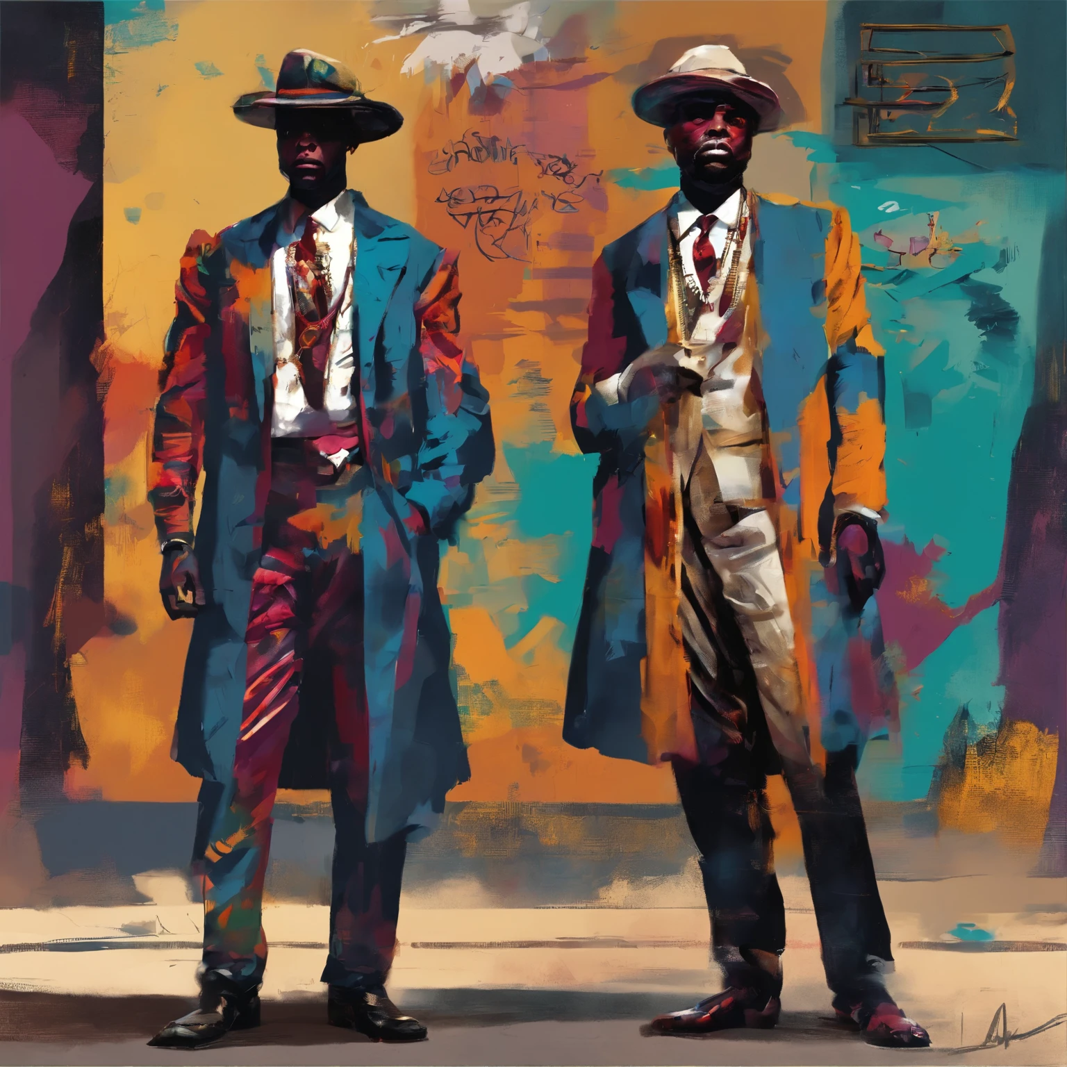 digital painting, graffiti and minimalism art of Harlem Renaissance oil painting of congolese men dressed in Les Sapeurs