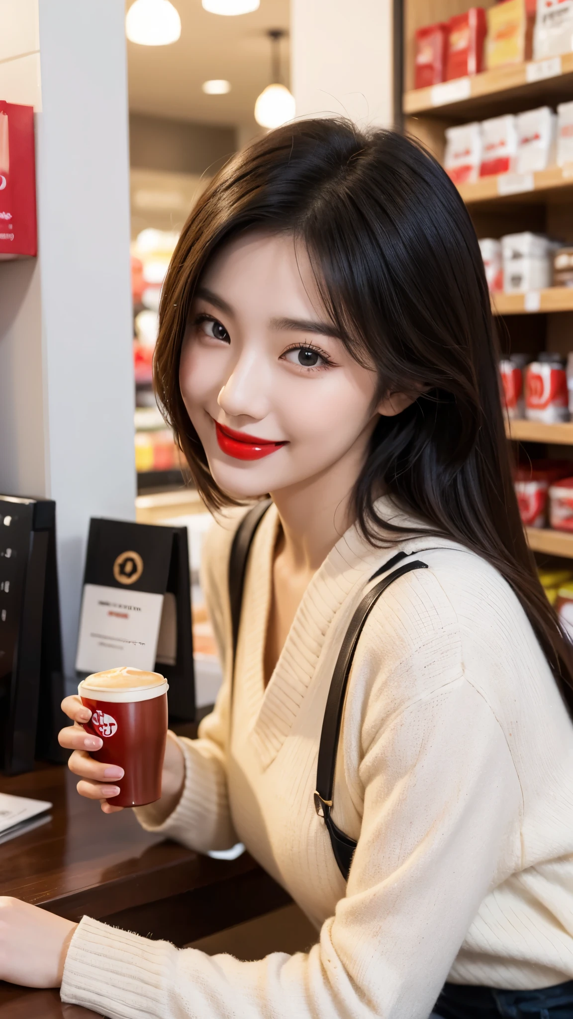 beautiful girl, korean makeup, korean girl, red lips, smiling, girl having coffee in the store.